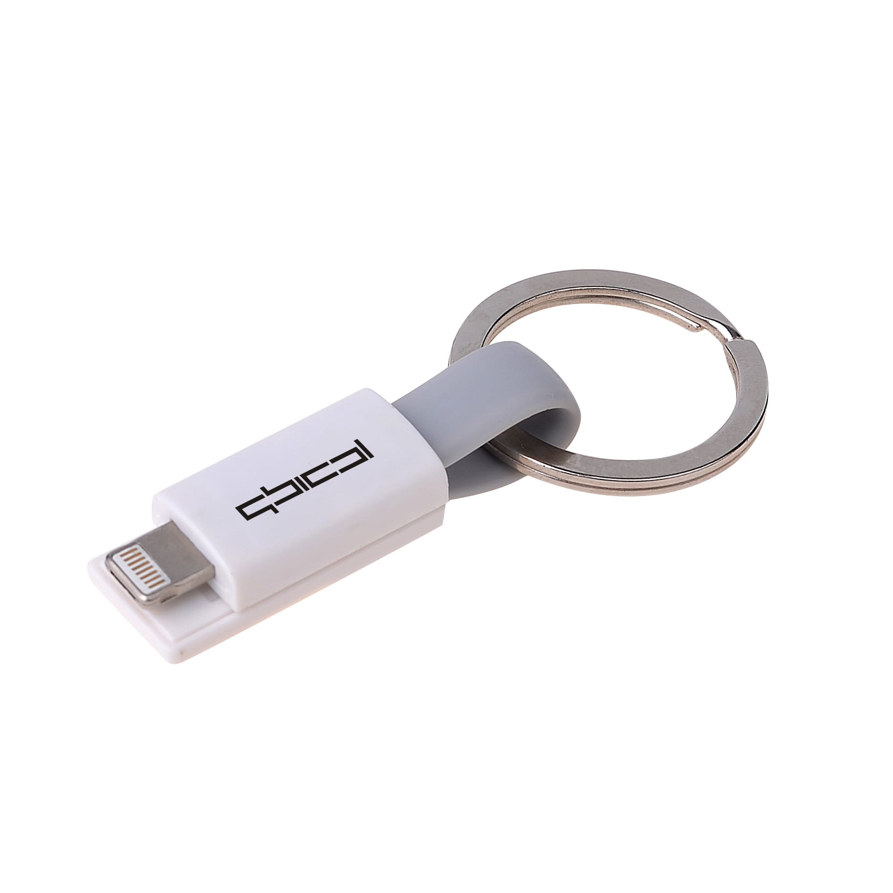 A grey and white magnetic charging cable with a keyring attachment and branding.