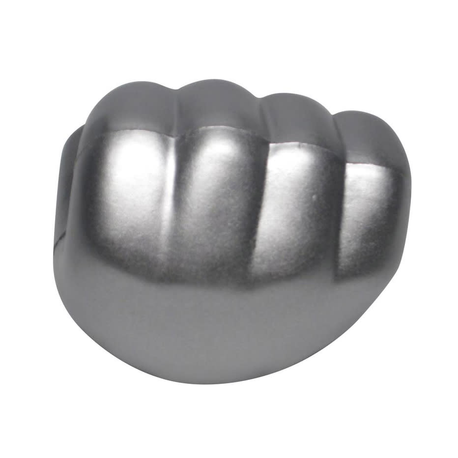 A silver clenched fist-shaped stress reliever in a smooth finish, suitable for stress relief and fun.