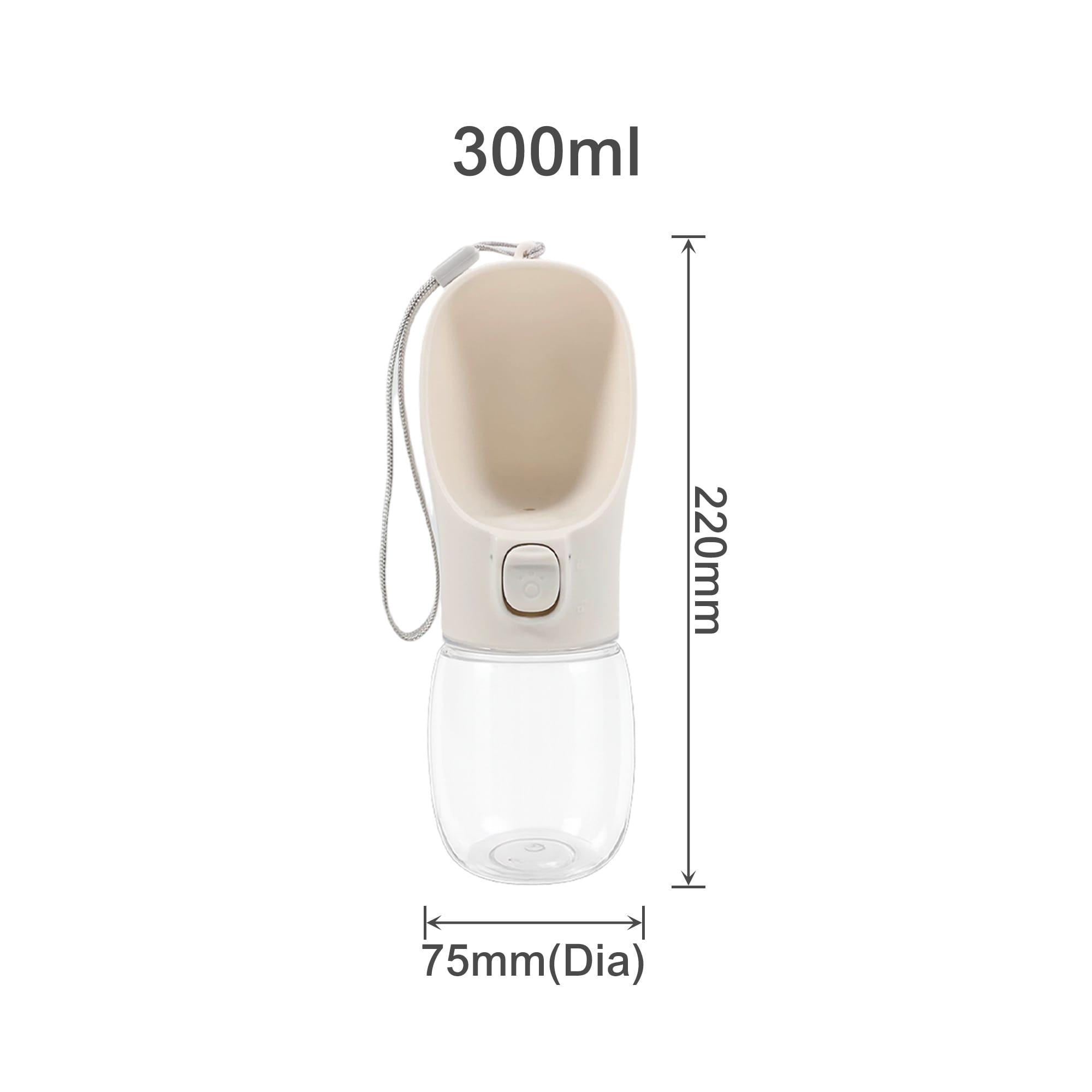 A drink bottle designed for pets, featuring a beige top and clear base, measuring 300ml with a carrying strap.