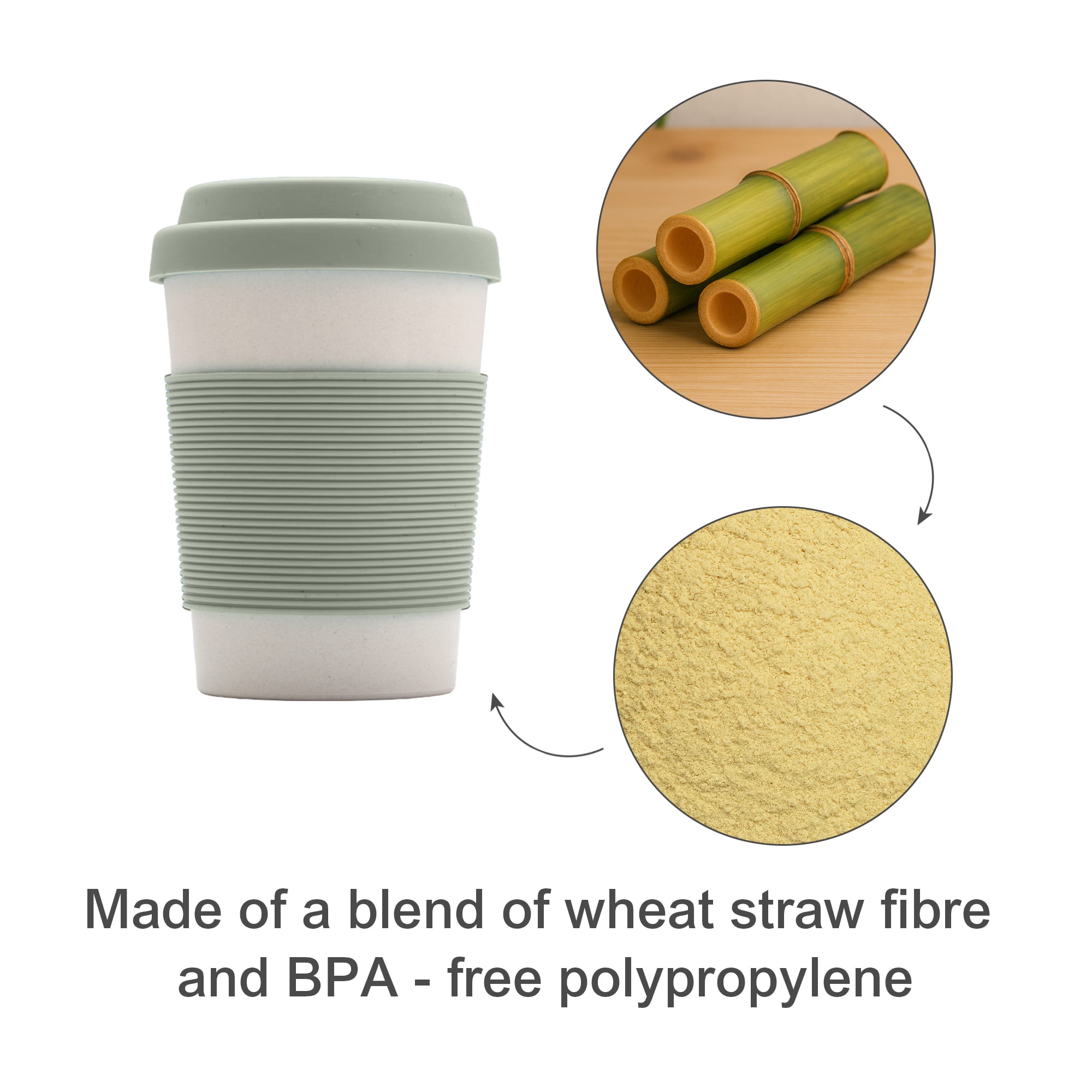A drink cup made of bamboo fibre and BPA-free polypropylene, featuring a light green silicone lid and sleeve.