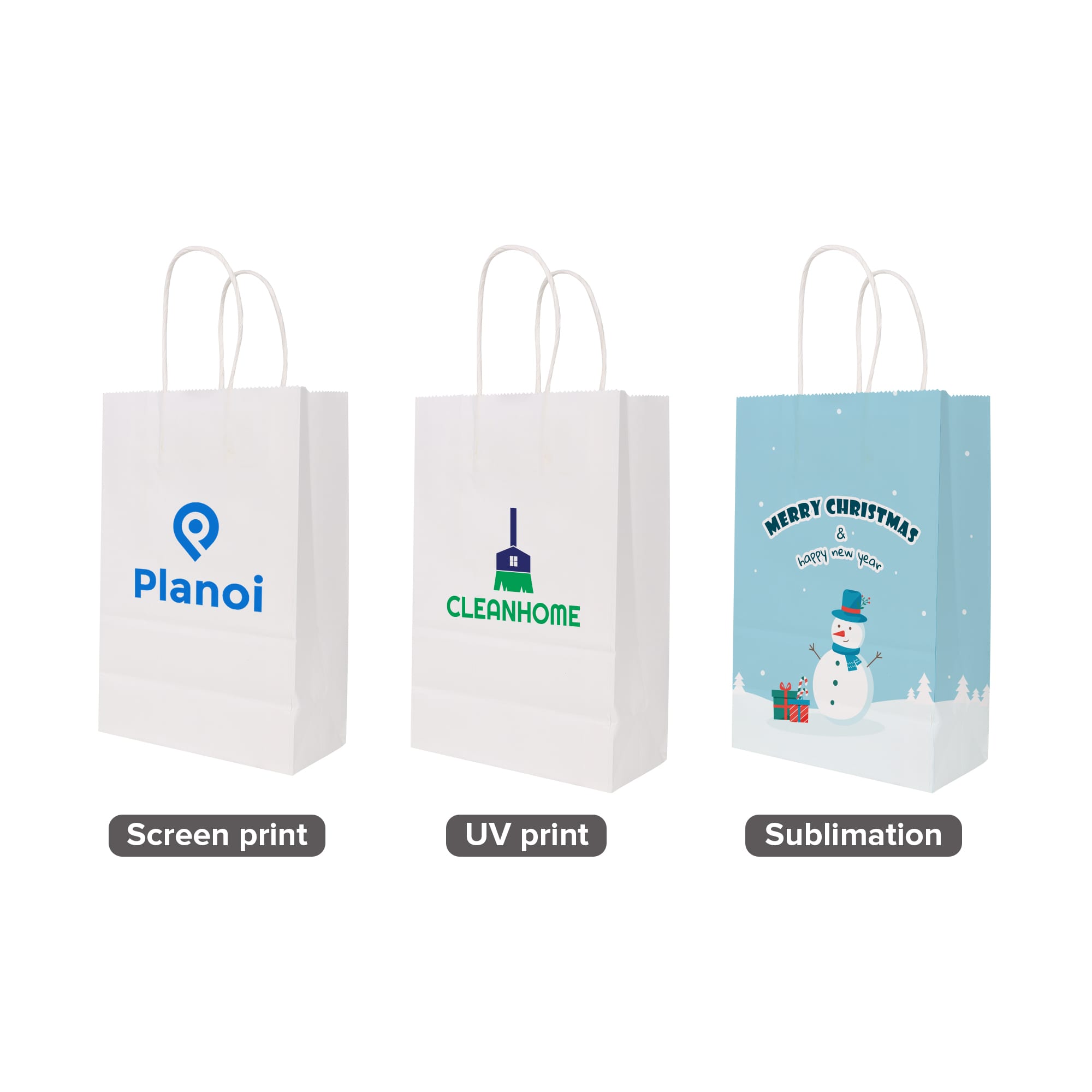 Three white kraft paper bags with twisted handles, featuring different prints and designs. One bag includes a logo, and another has a festive Christmas theme.