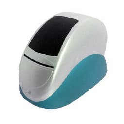 A stress reliever shaped like a stapler, featuring a white body with a turquoise base. It has a smooth, curved design.