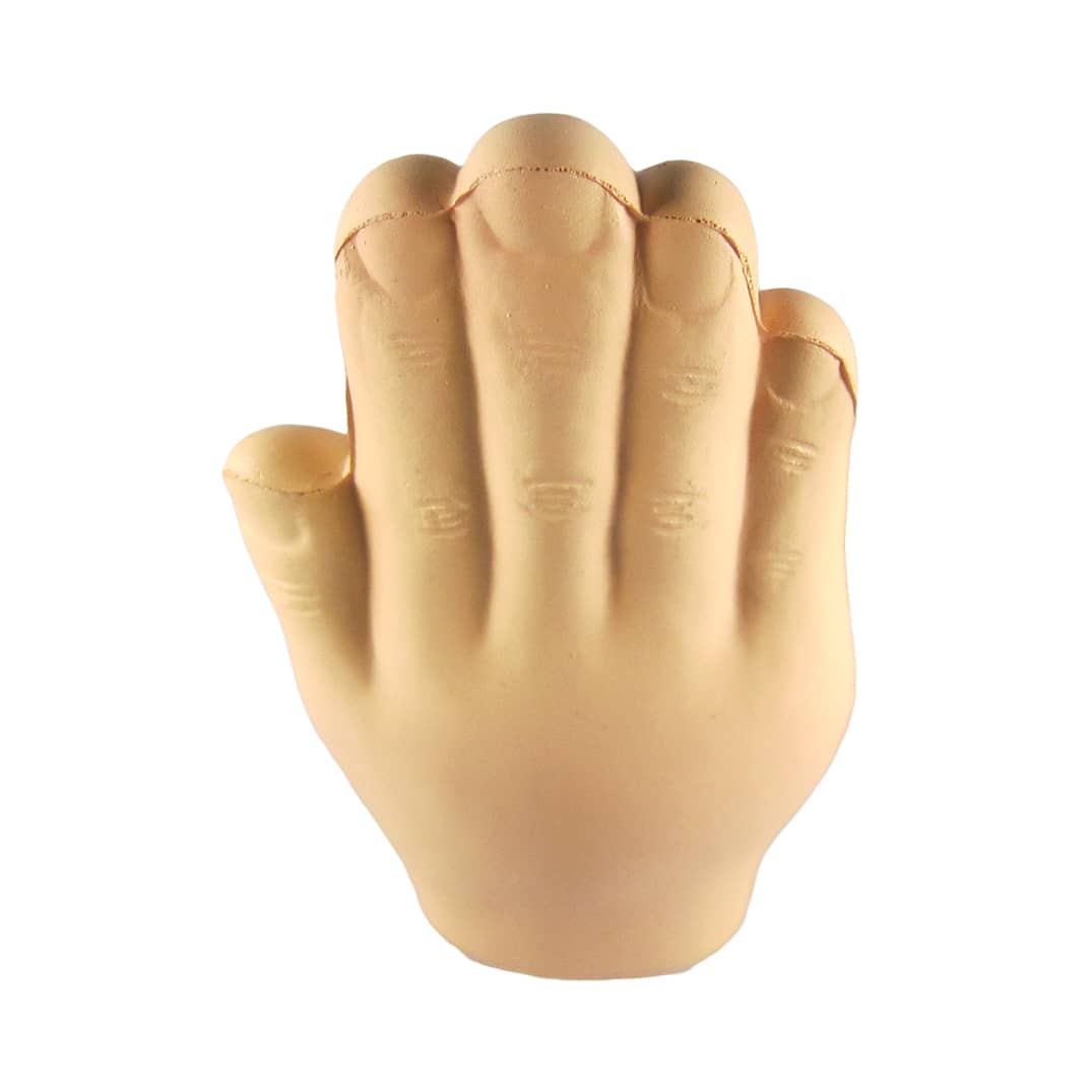 A palm-shaped stress reliever in a soft, skin-tone colour featuring detailed fingers and knuckles.