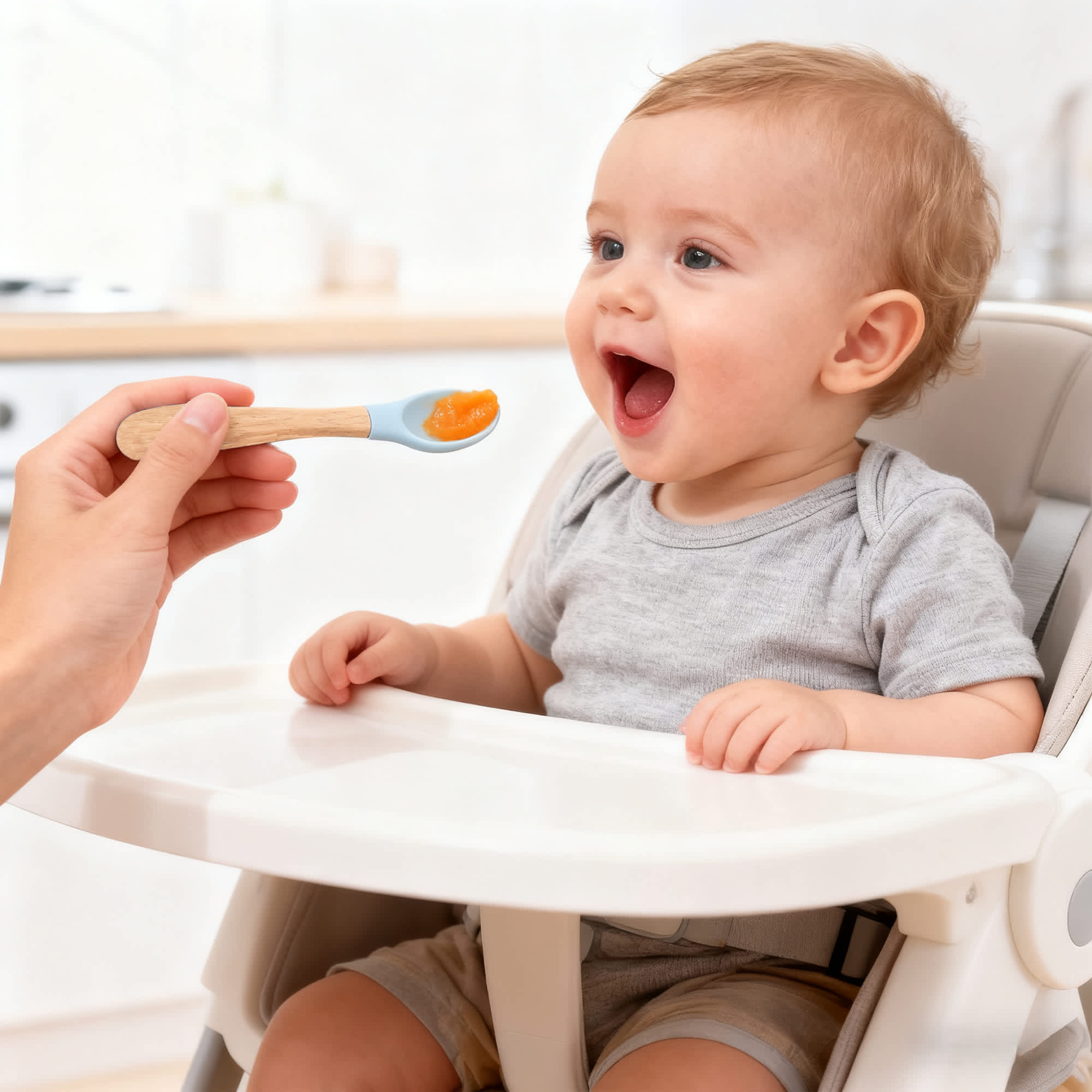 A smiling baby in a high chair reaches for a spoon with orange puree. The spoon has a silicone blue tip and wooden handle.