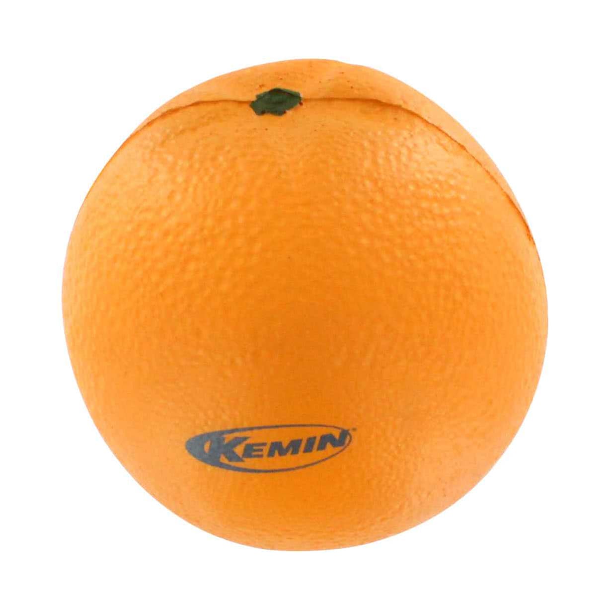An orange-shaped stress reliever with a textured surface and a green leaf, featuring a logo on the base.
