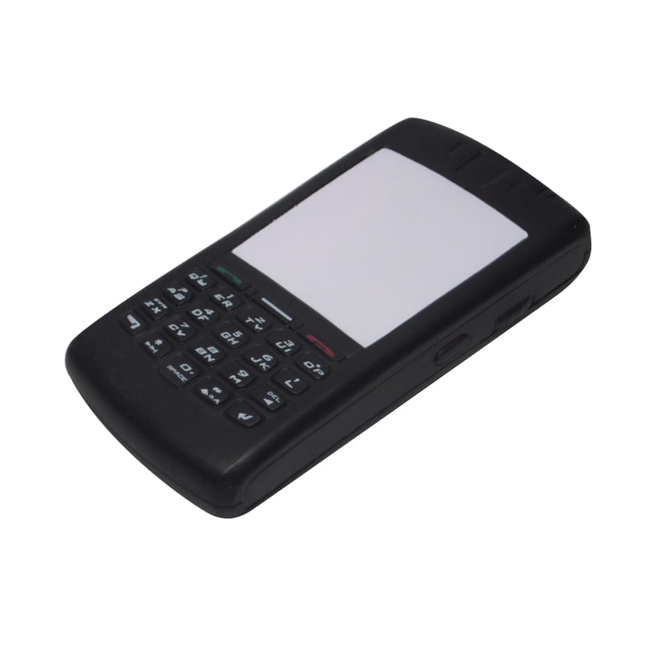 A black mobile phone-shaped stress reliever with buttons and a blank screen. It features a logo on one side.