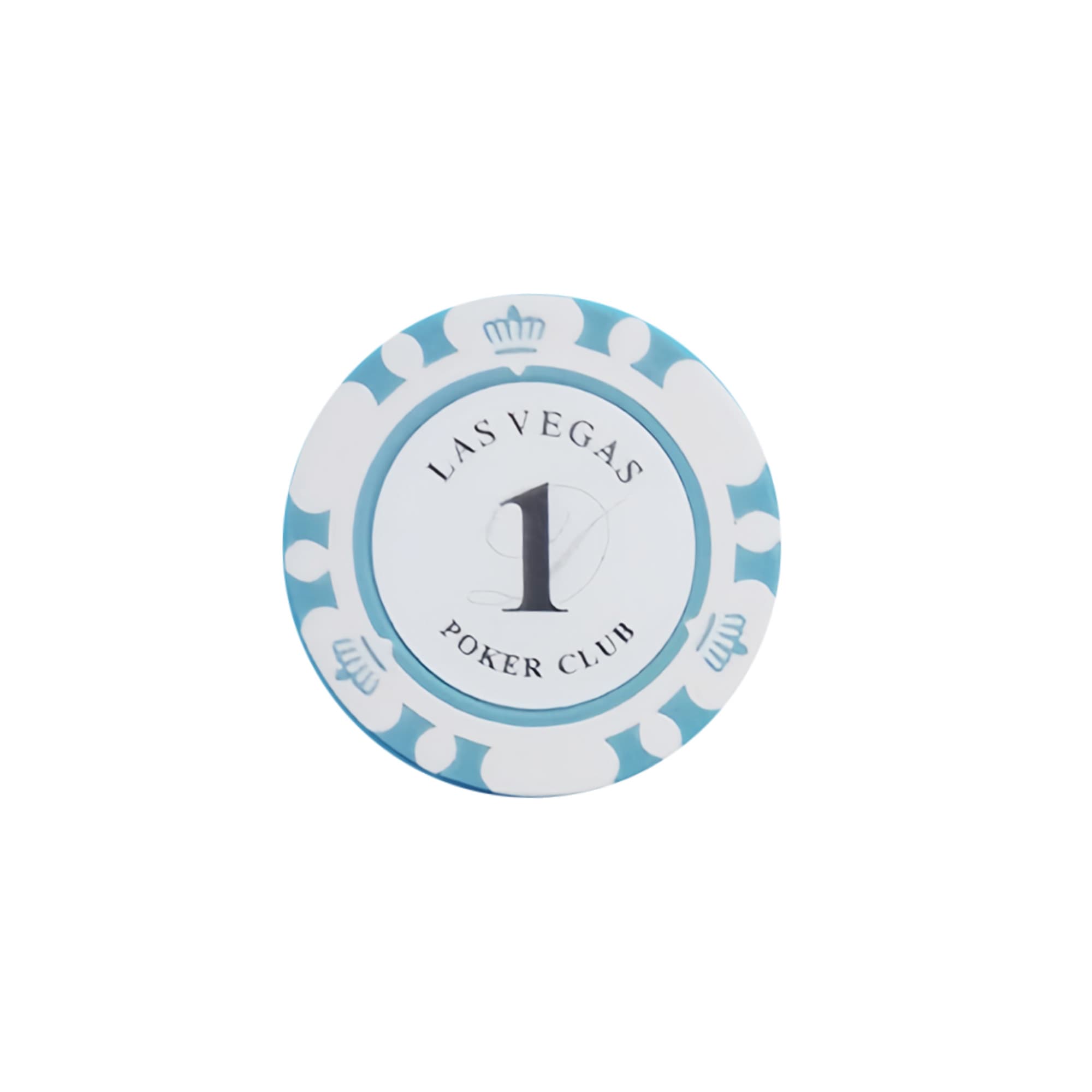 A round poker chip featuring a blue and white design, with a central "1" and a crown motif.