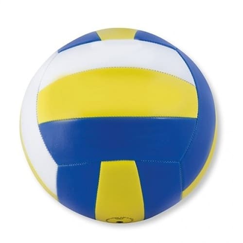 A blue and yellow volleyball-shaped stress reliever with a smooth, textured surface. It features a logo.