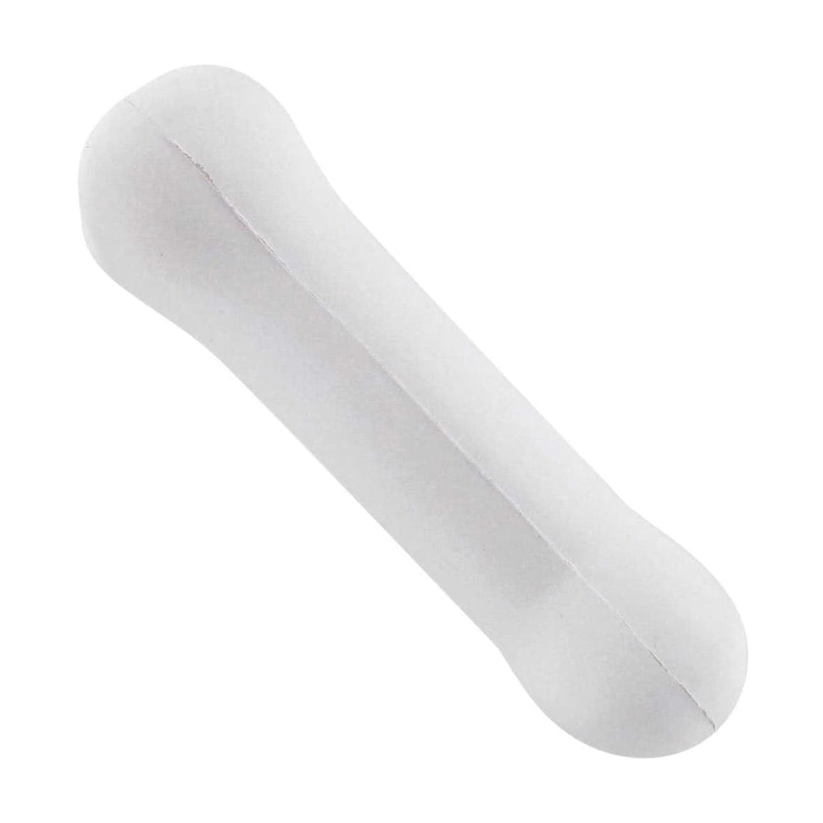A white bone-shaped stress reliever with curved ends, featuring a smooth texture and a simple design.