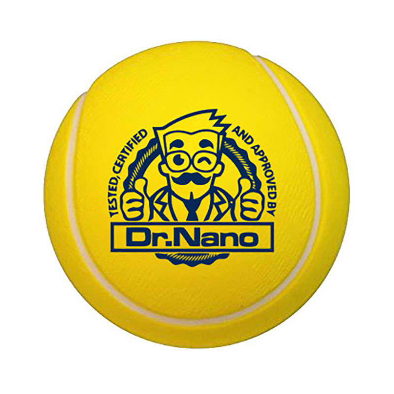 A yellow tennis-shaped stress reliever featuring a logo with a cartoon character and text.