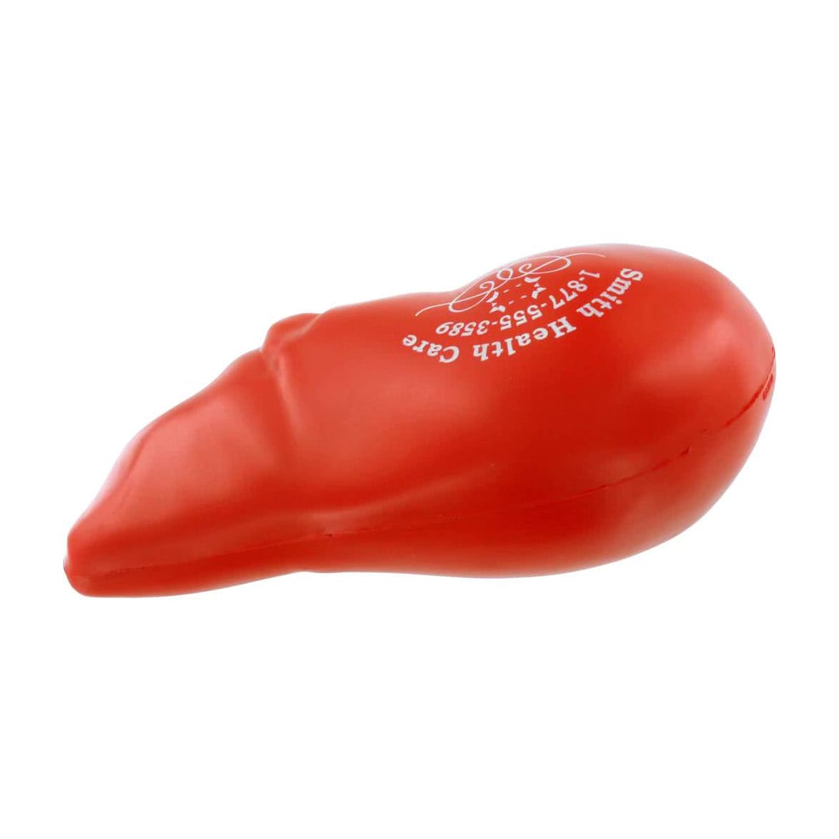 A red liver-shaped stress reliever with a logo, designed as a fun keyring for stress relief.