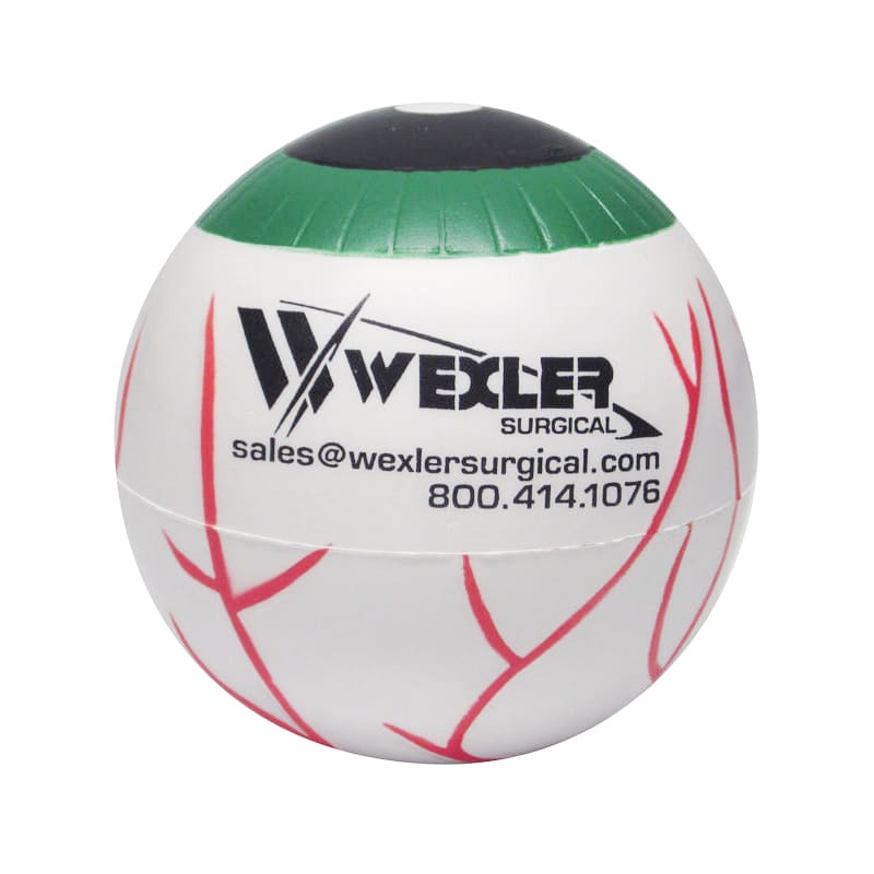 A stress ball shaped like an eye, featuring a white body with red veins and a black and green top. It has a logo.
