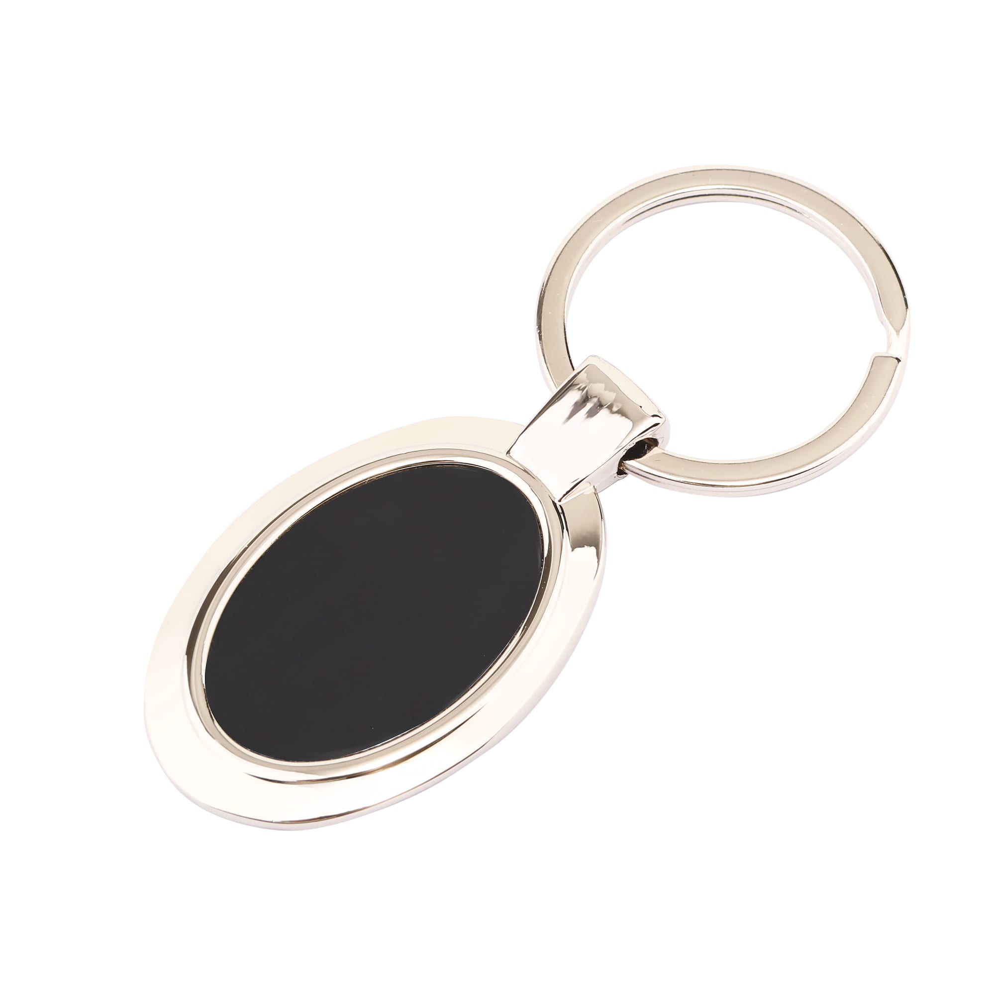 An oval silver keyring with a black centre, featuring a sleek design and a metal ring for attachment.