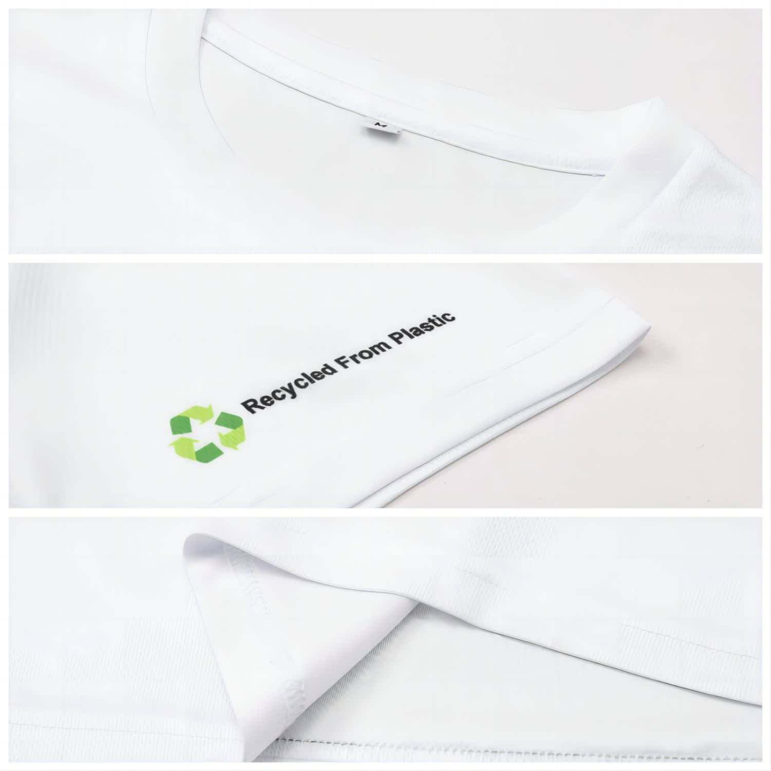 A white unisex t-shirt made from recycled plastic, featuring a logo on the sleeve.