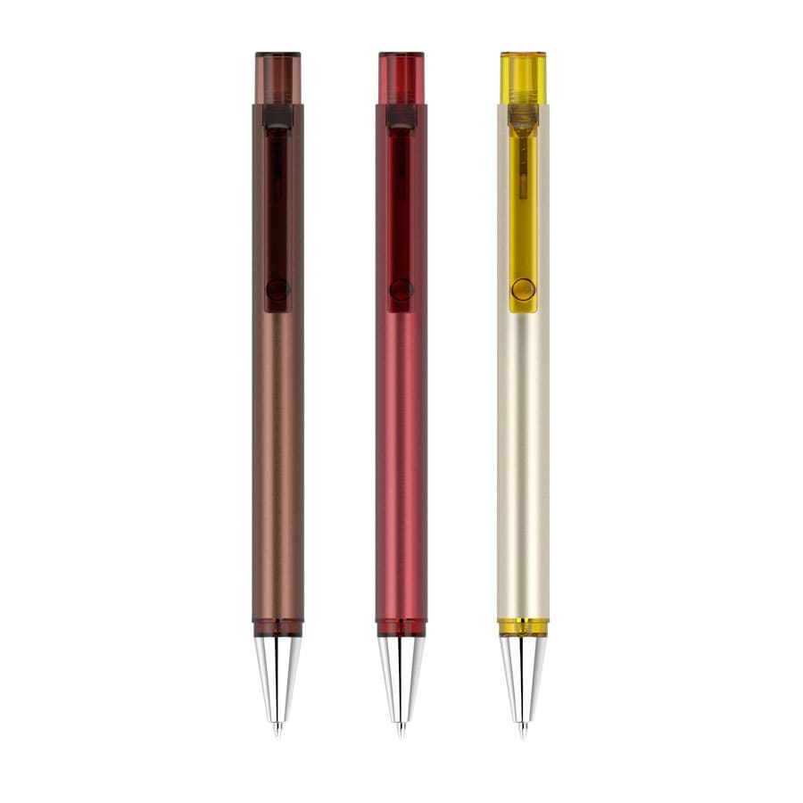 Three flat plastic pens in brown, red, and yellow, each featuring a clip and metallic accents.