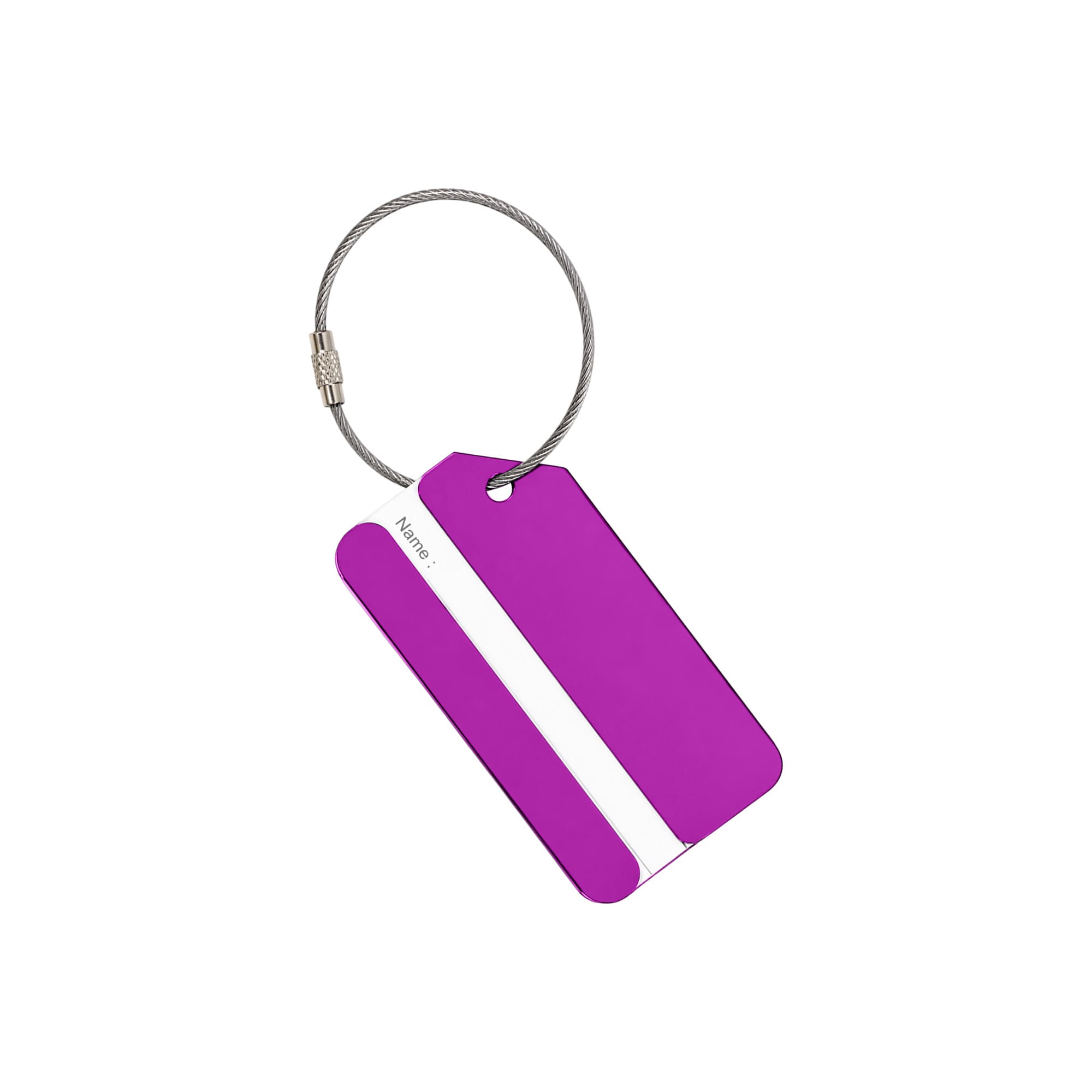 A square aluminium luggage tag in vibrant purple with a white section for names and a steel attachment loop.