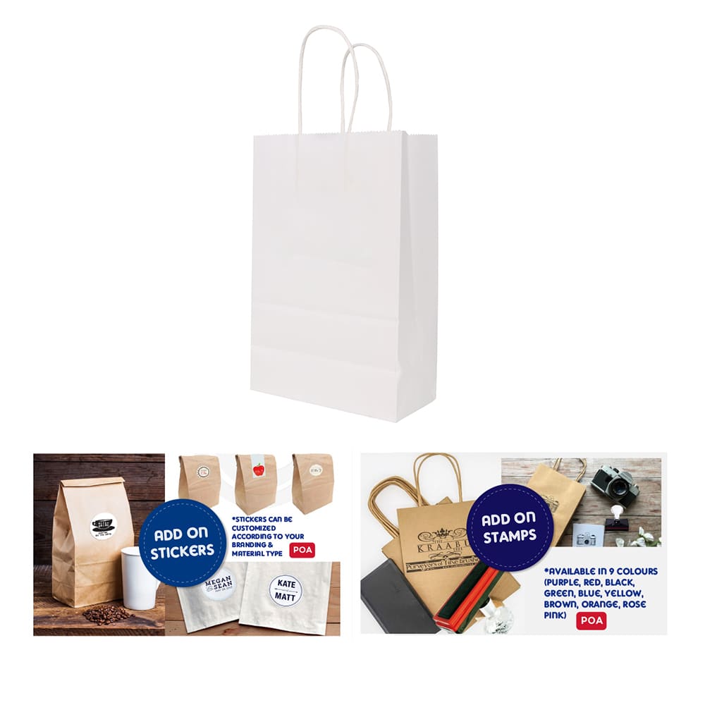 A white twisted handle kraft paper bag, featuring a logo, displayed against a plain background.