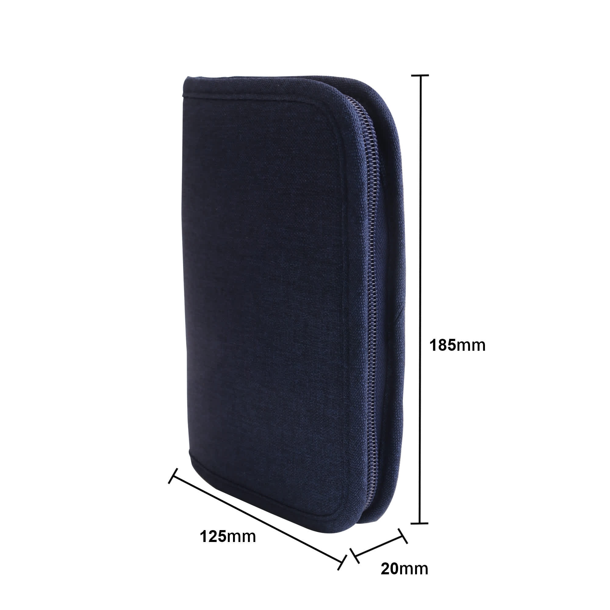 A navy passport holder with a zip closure, featuring dimensions of 185mm by 125mm by 20mm.