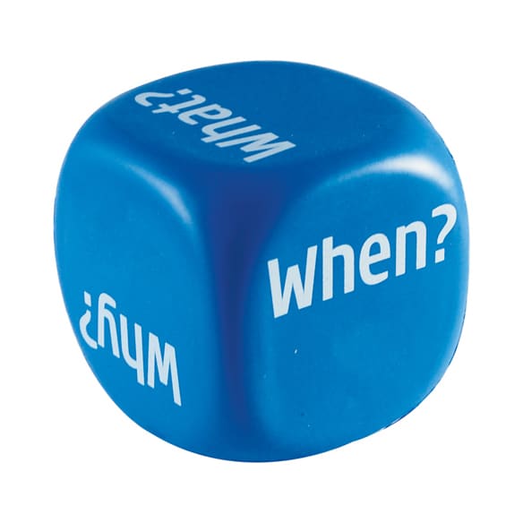 A blue cube-shaped stress reliever featuring white text with questions printed on its sides. It includes a logo.