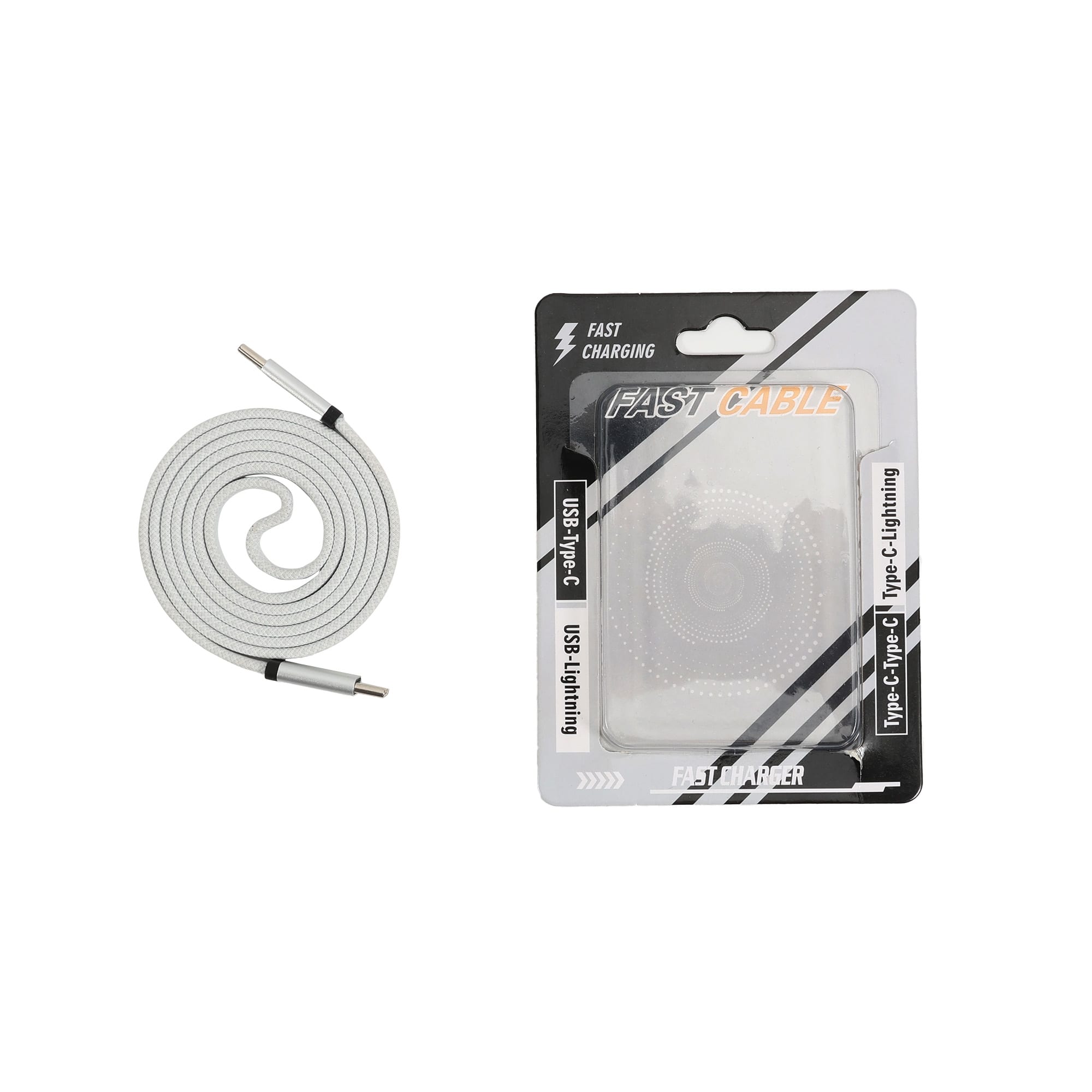 A silver braided charging cable in a packaged box, designed for USB-C and Lightning connections.