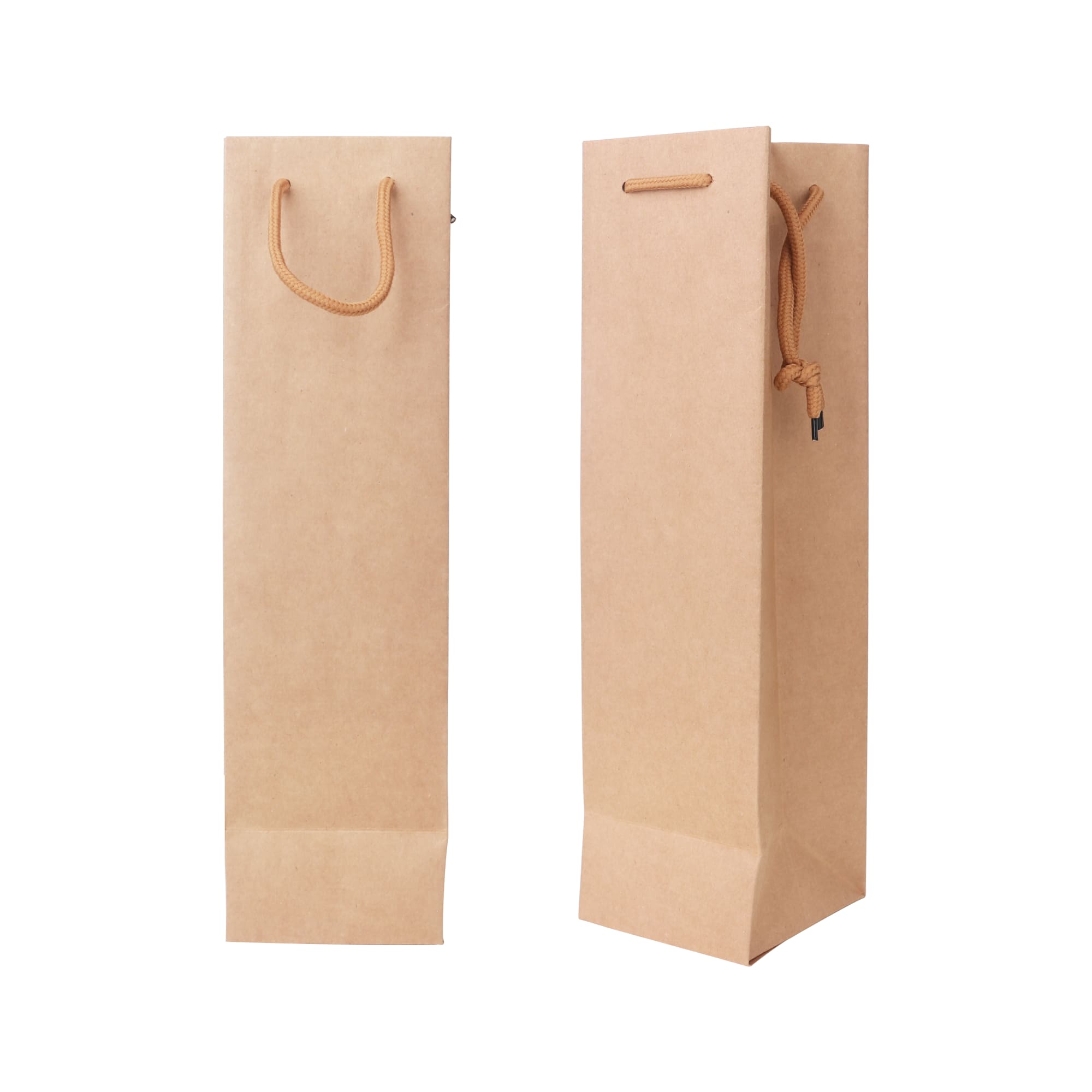 A drink bottle paper bag in a natural brown colour with a rope handle, featuring a simple design and a logo.