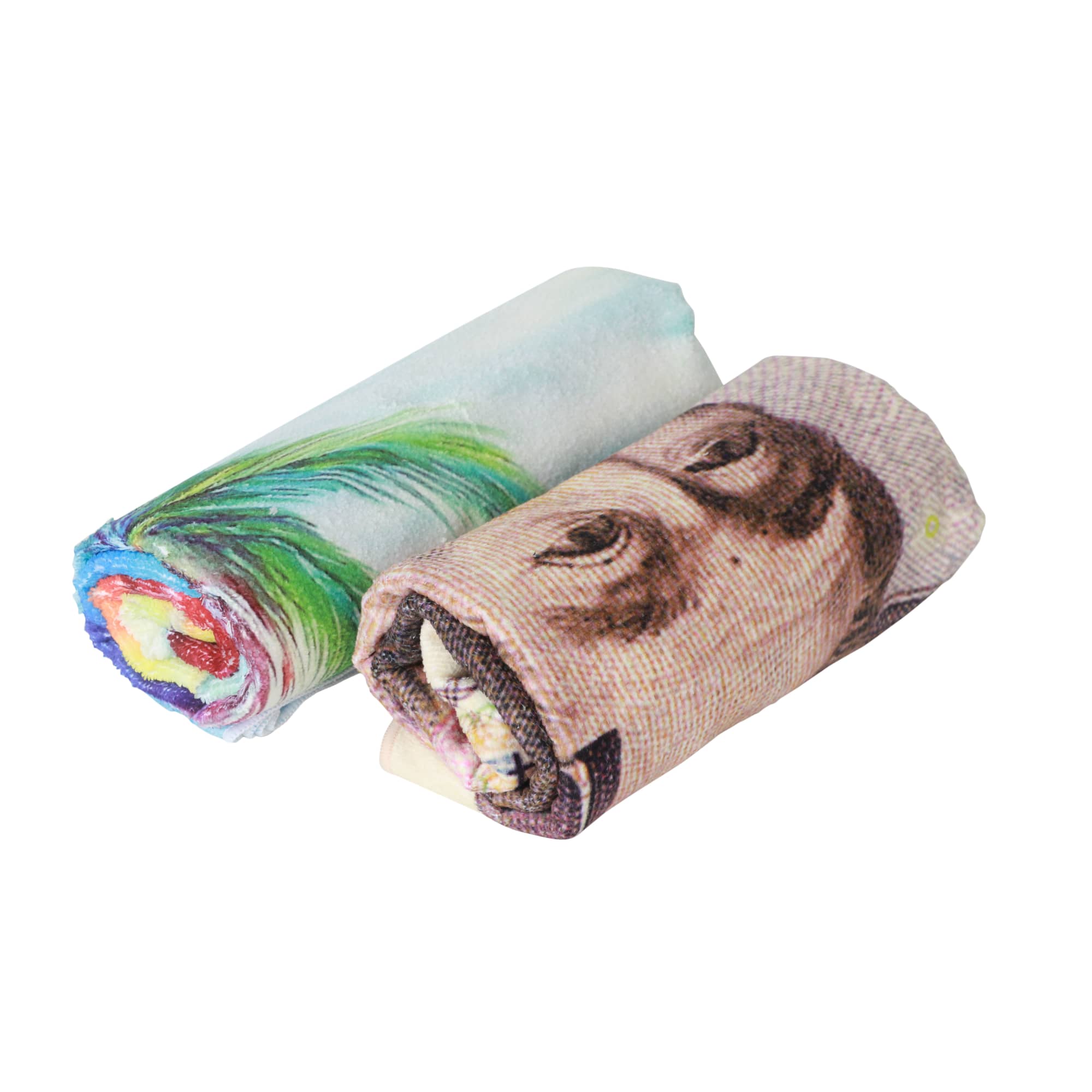 Two rolled-up beach towels, one featuring a colourful pattern and the other a design resembling banknotes. Each towel has a logo.