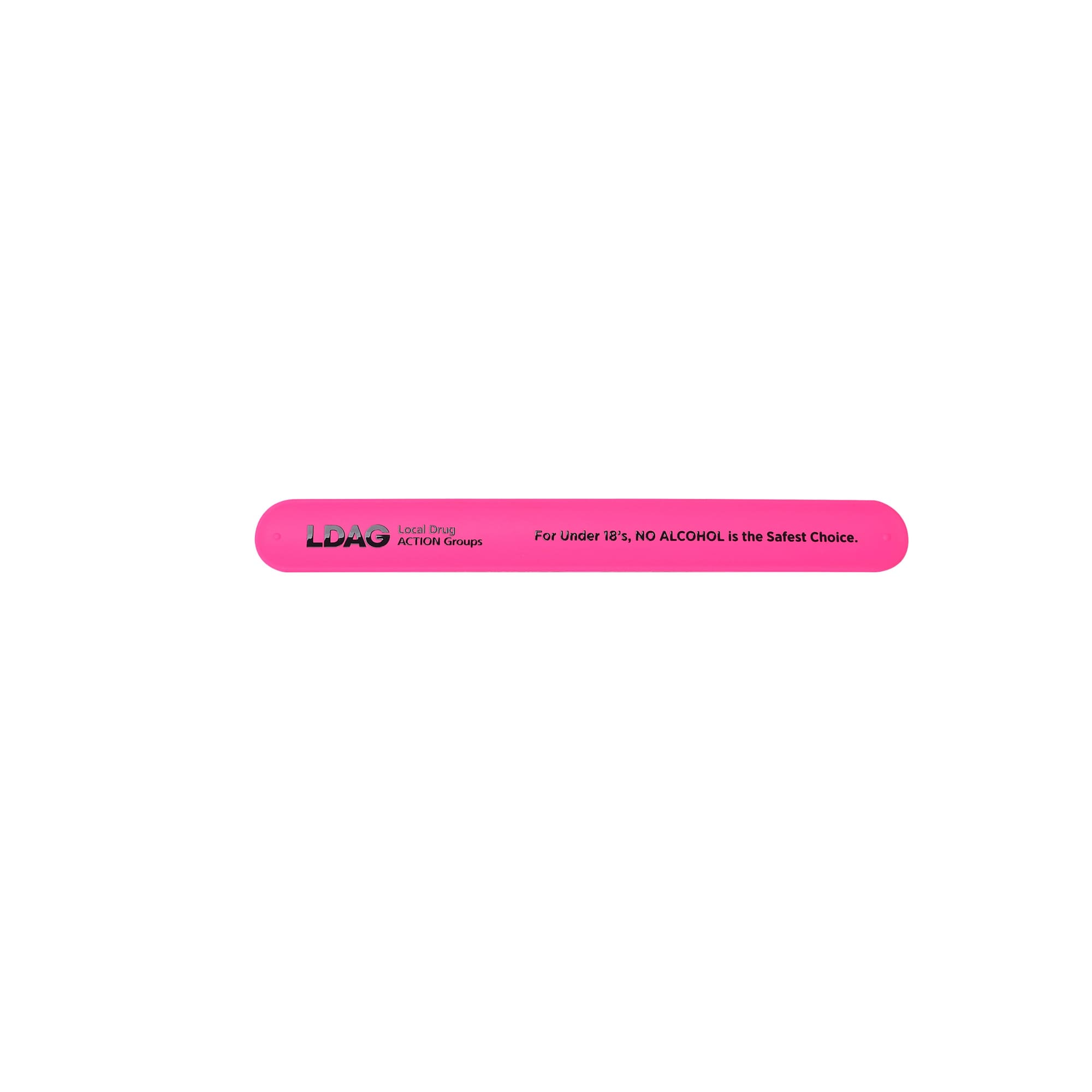 A pink silicone slap band featuring a branding logo and a safety message regarding alcohol for under 18s.