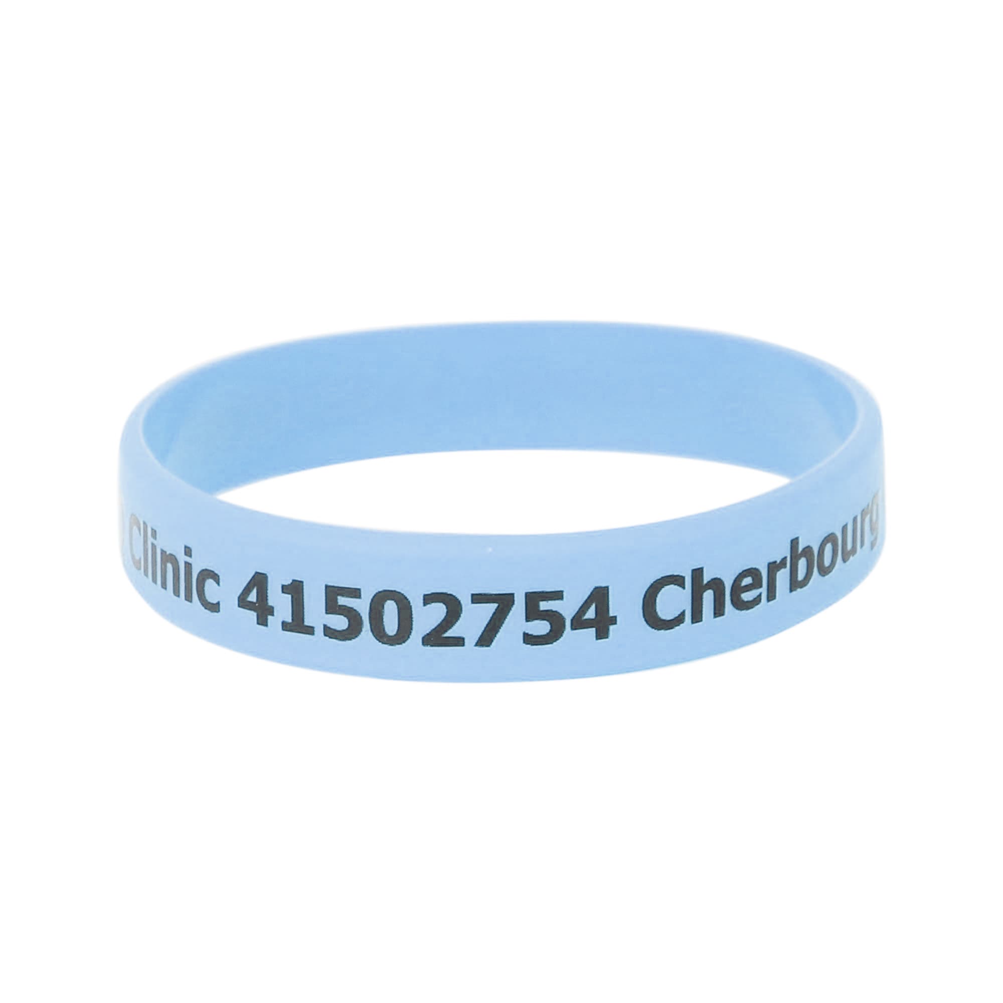 A light blue silicone wristband featuring text and a logo.