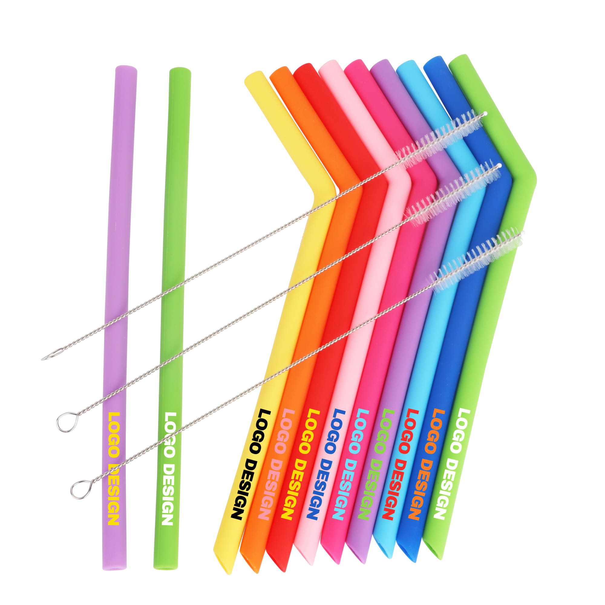 A set of reusable silicone straws in various bright colours with a cleaning brush, featuring a logo design.