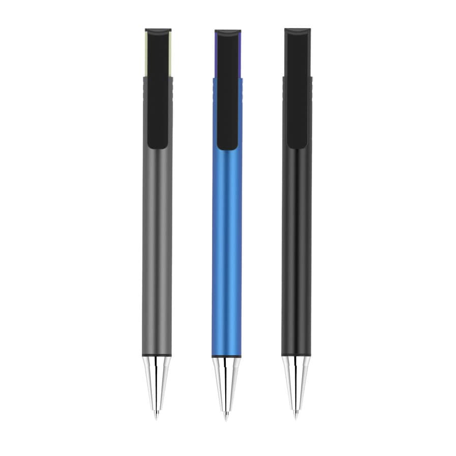 A set of three pens in grey, blue, and black, featuring a sleek design and clips. Each pen has a discreet logo.
