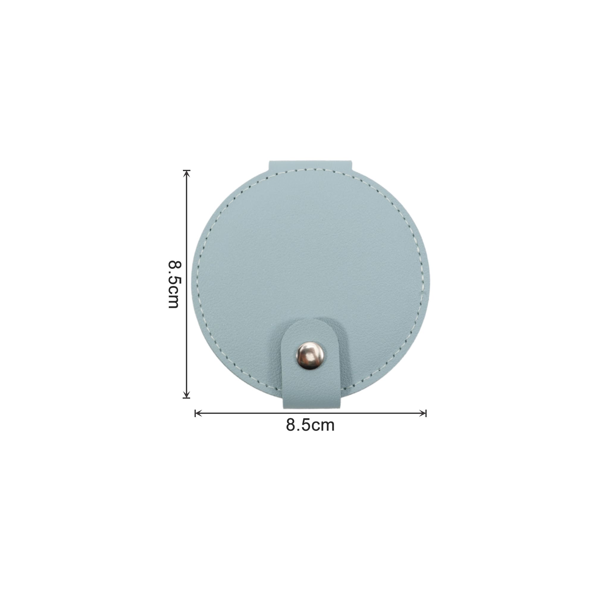 A round folding pocket mirror in light blue with a snap closure, measuring 8.5 cm in diameter. It features a logo.
