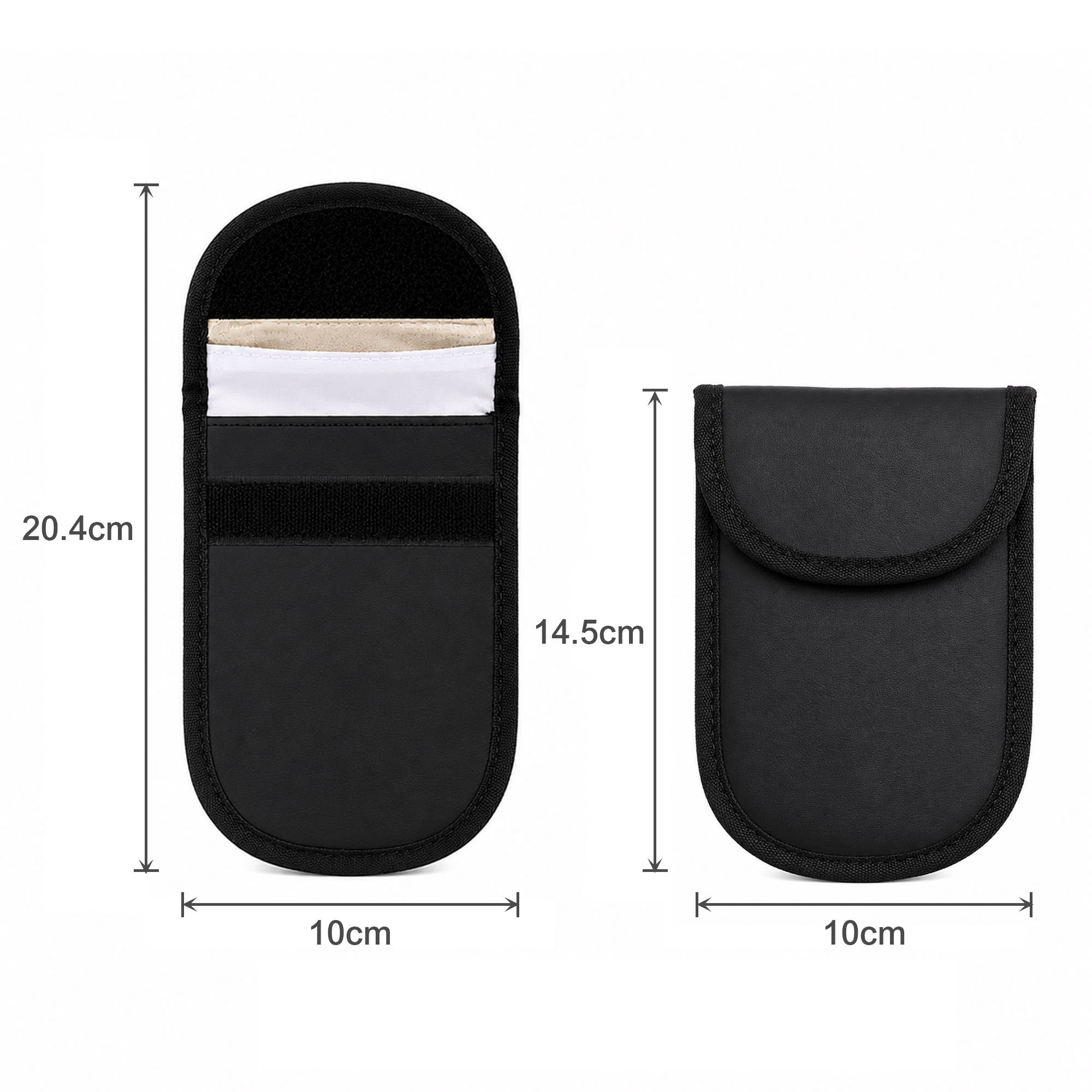 A black PU Faraday signal blocking pouch with dimensions indicated. It features a smooth outer surface and a secure closure.