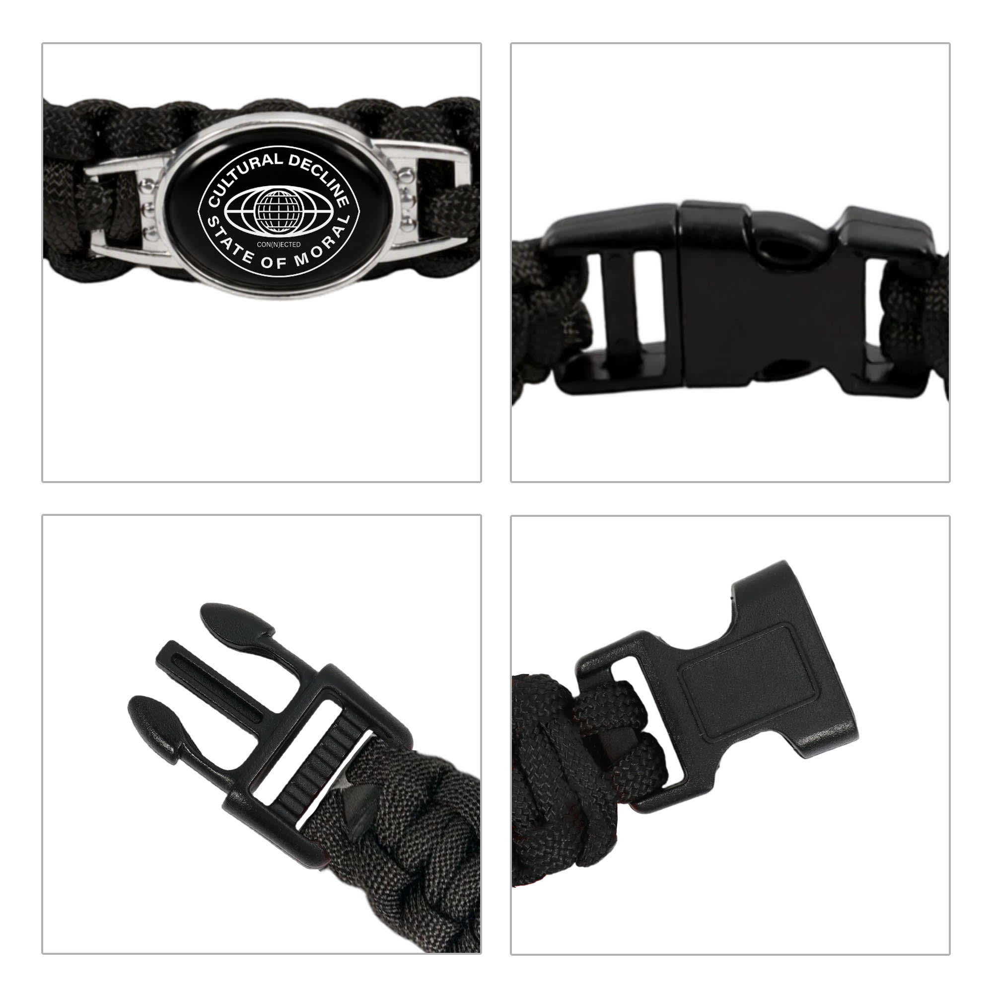 A black braided paracord bracelet featuring a themed pendant and a sturdy clasp. The bracelet includes a logo.