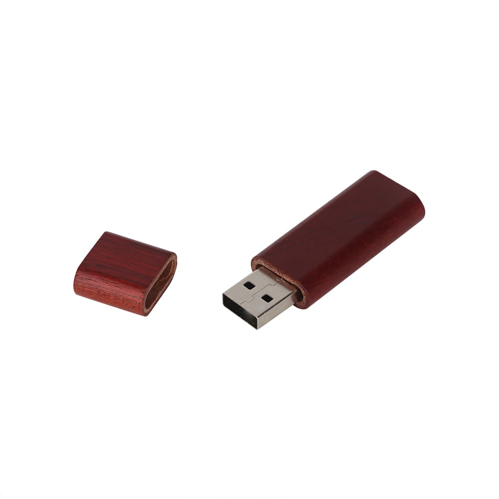 A rounded wooden flash drive in a deep red finish, displayed with its cap removed. It features a metal connector and a logo.