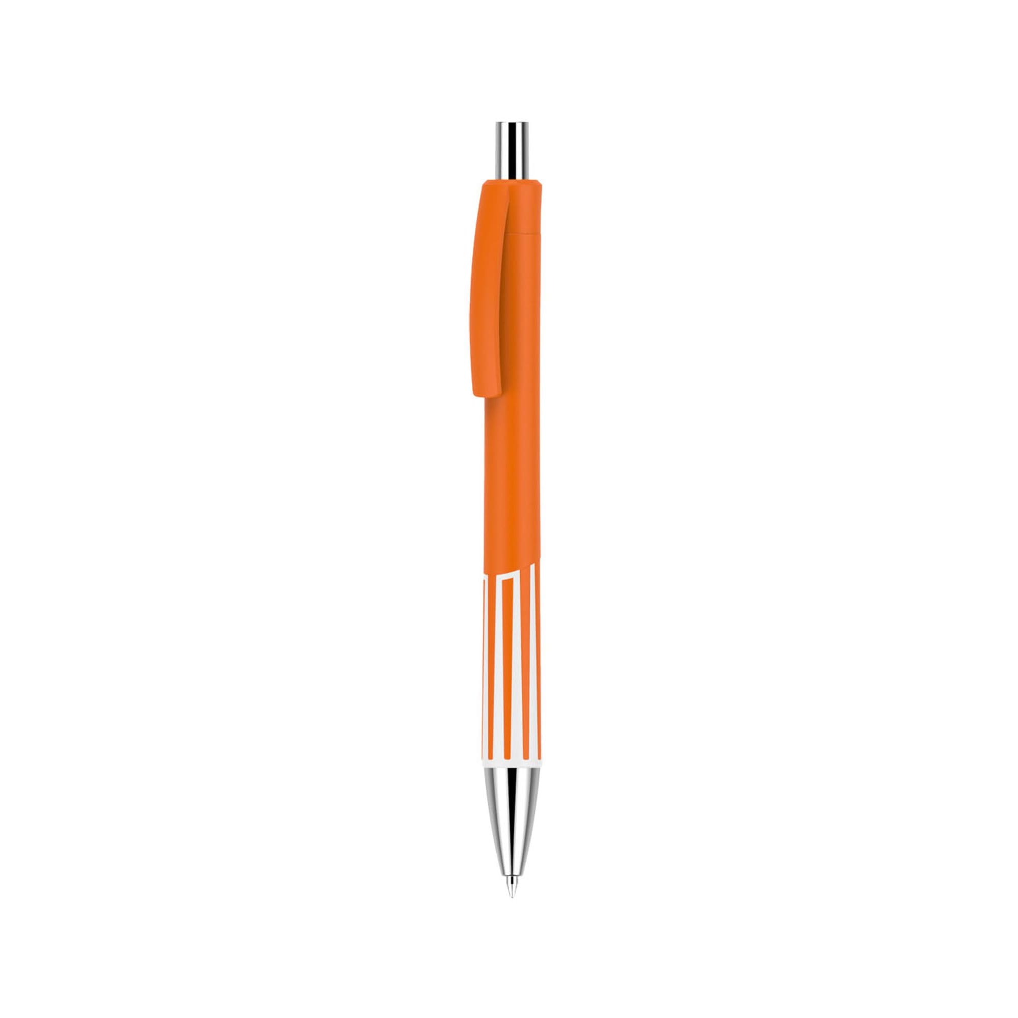 A plastic pen with a vibrant orange barrel and a silver tip, featuring a clip and a logo.