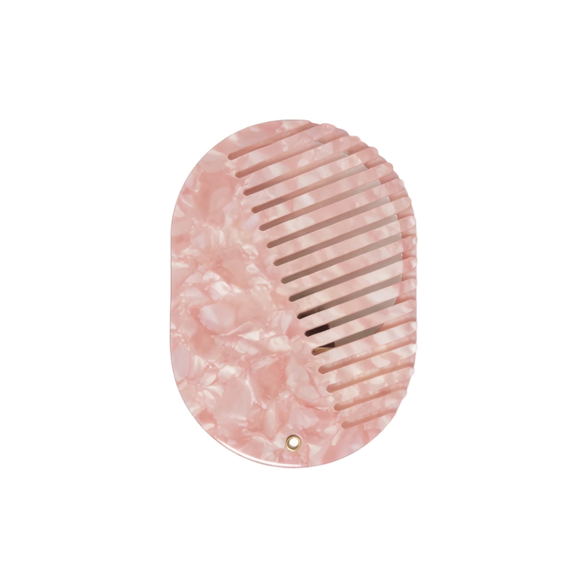 A portable acetate hair comb in a pink marbled design features a mirror on the opposite side and includes a logo.