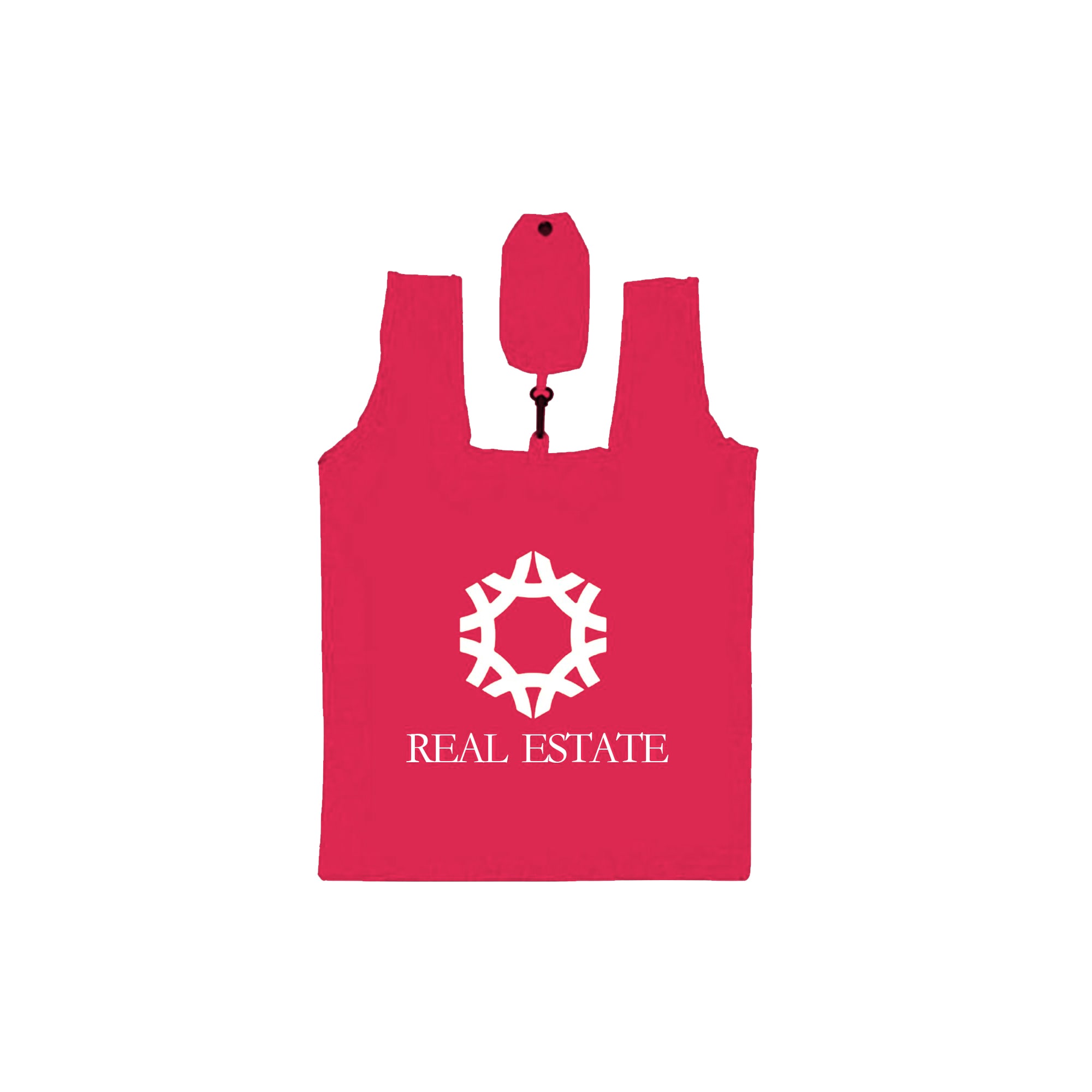 A red foldable shopping tote bag with a logo and a compact design for easy storage.