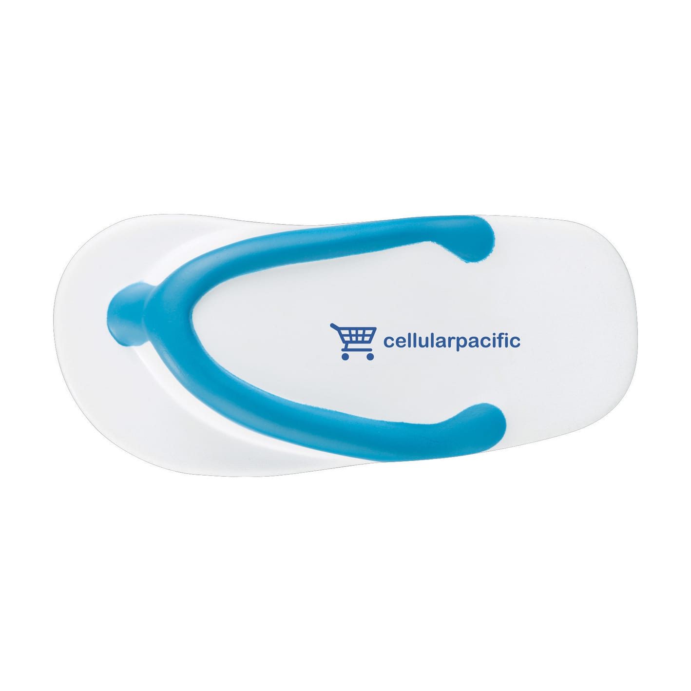 A white flip-flop shaped stress reliever with a blue strap and a branding logo.