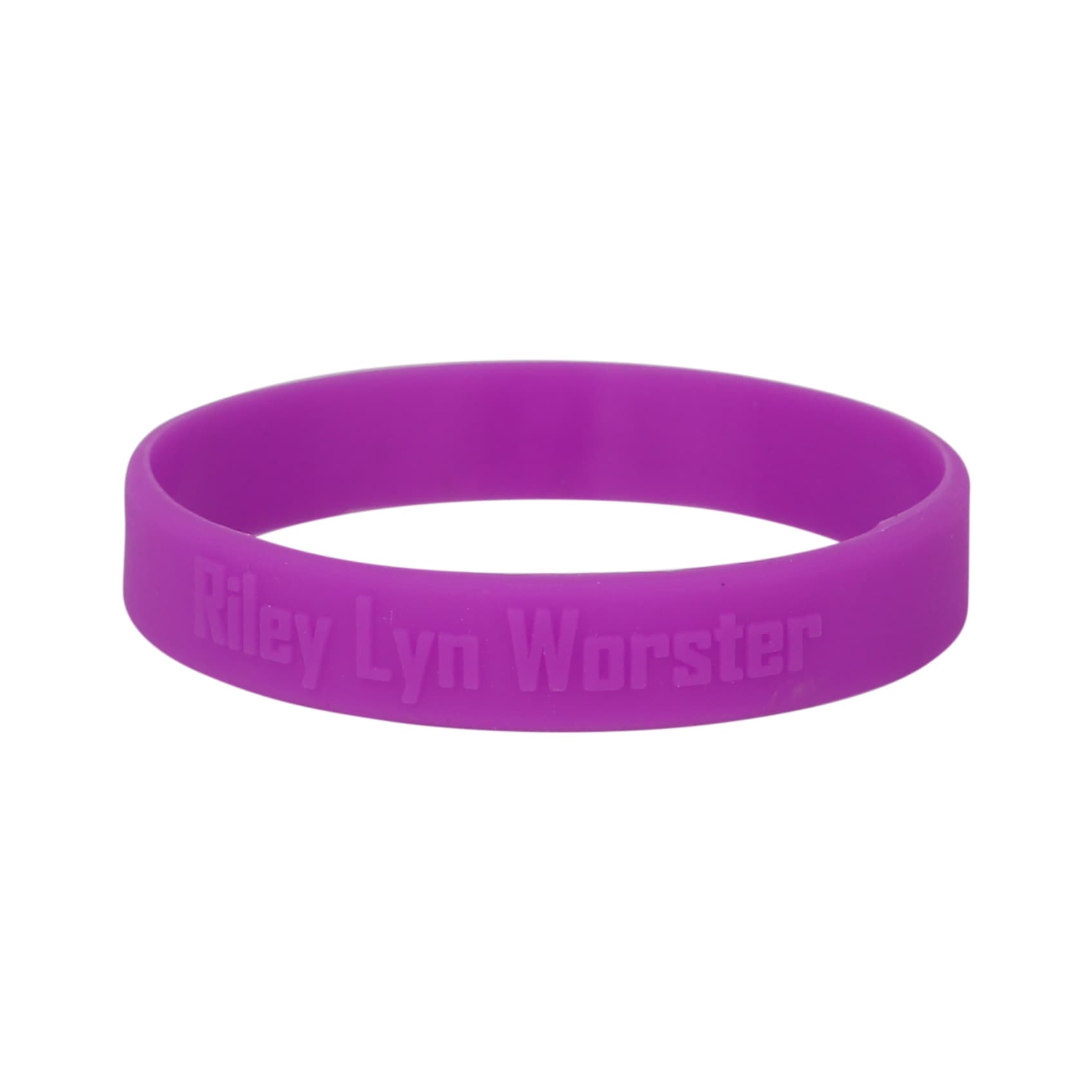 A purple embossed wristband featuring a logo, designed for exhibitions and events.