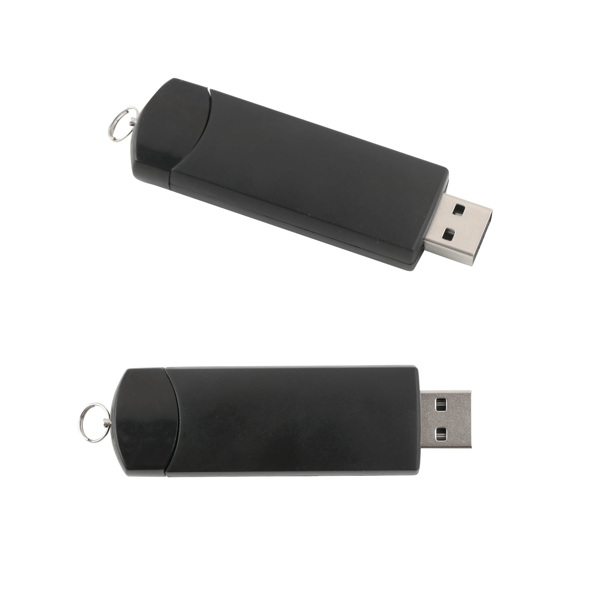 A black Gyro USB flash drive with a rounded design and a keychain attachment. It features USB connectors on both ends.
