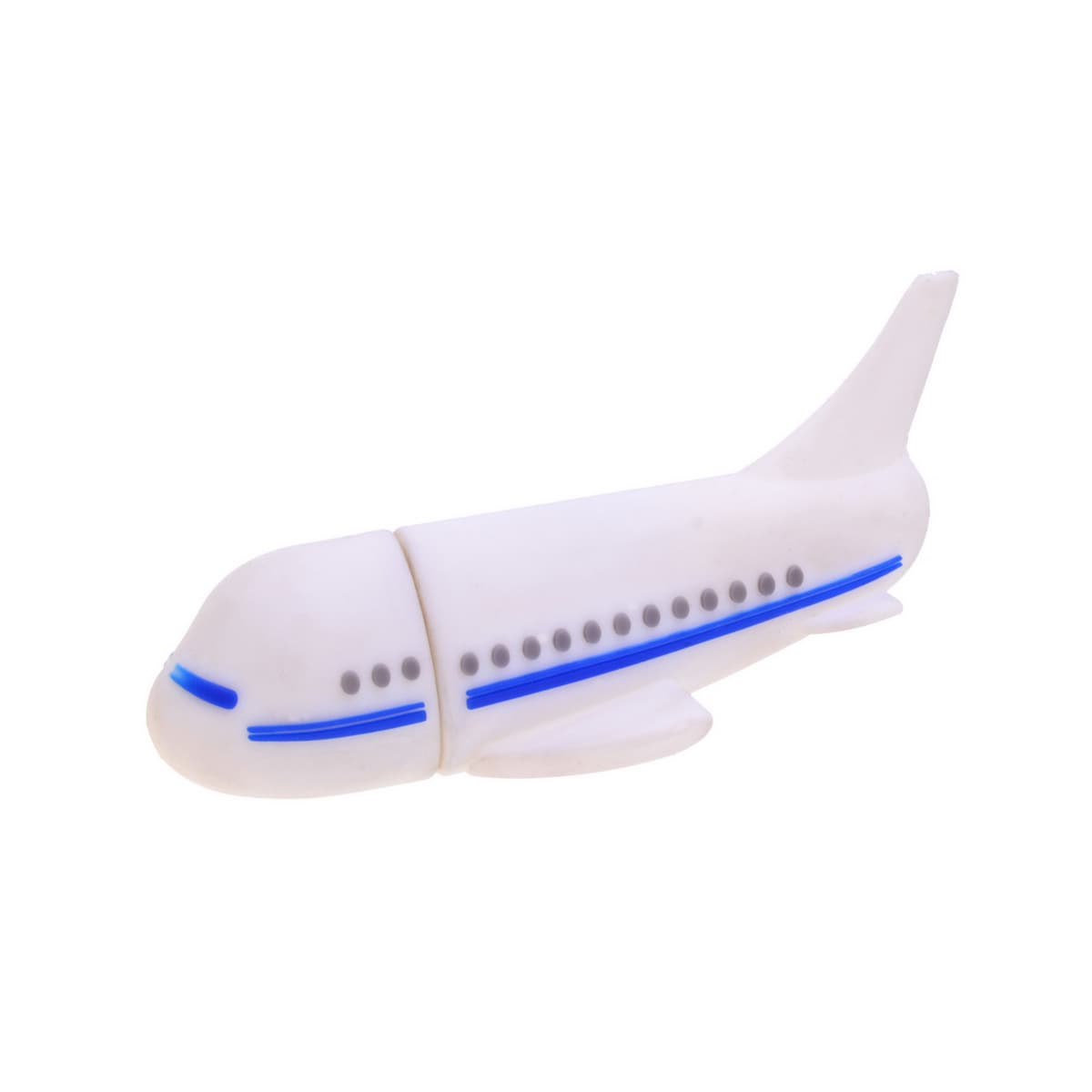 An aeroplane-shaped flash drive in white with blue detailing. It features a logo on its side.