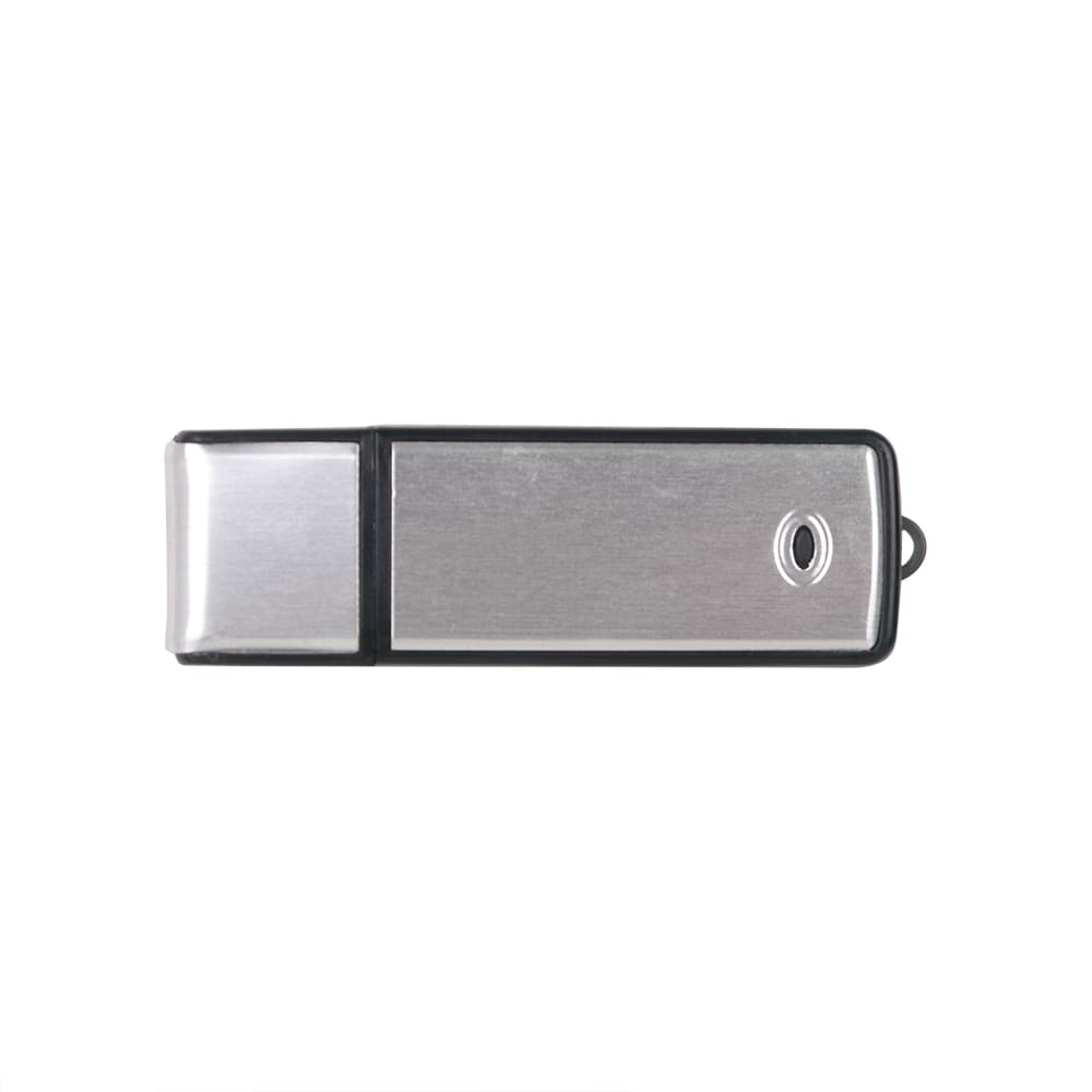 A silver and black flash drive with a metallic finish and a small attachment loop. It features a logo.