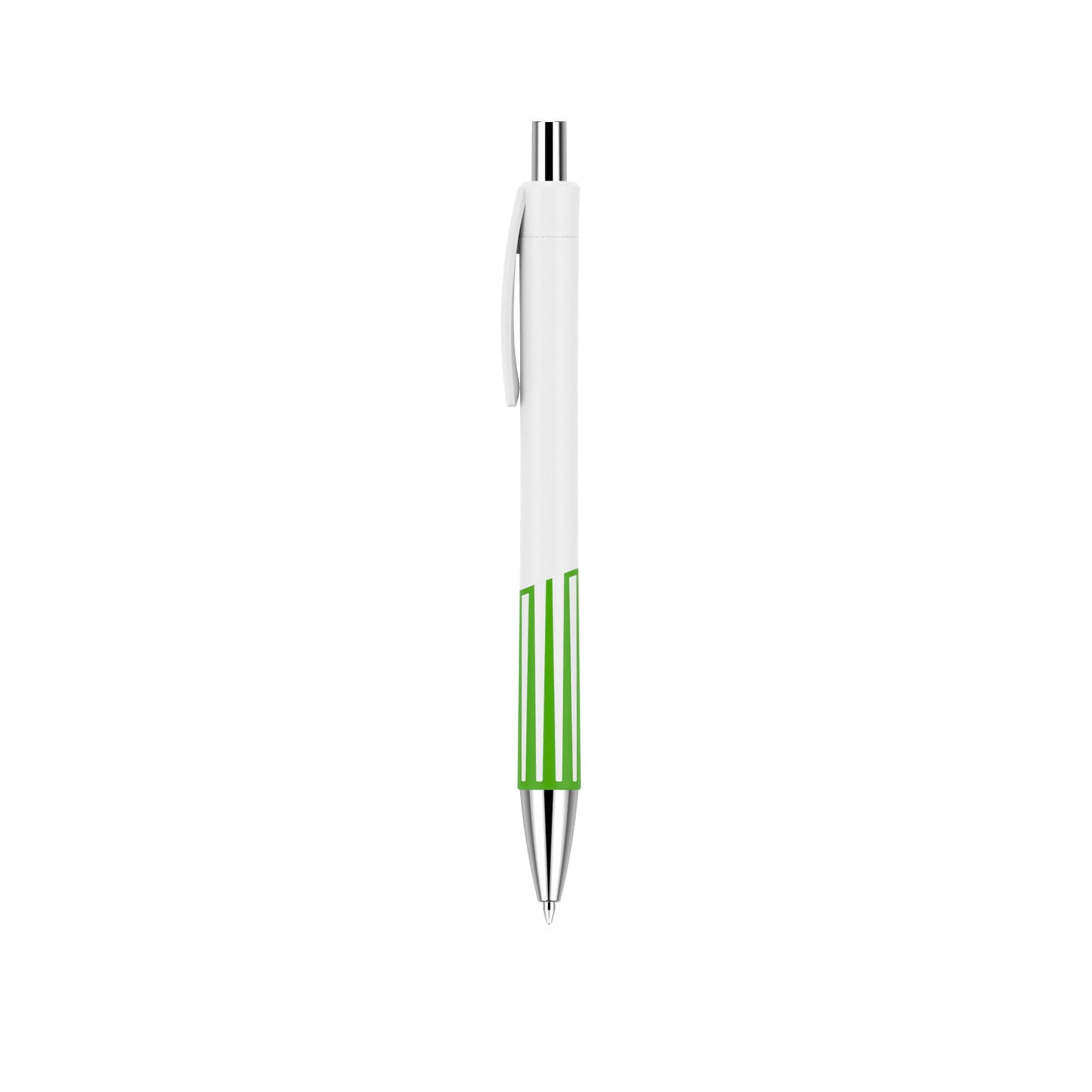 A plastic pen featuring a creamy white barrel with green accents and a silver clip. It includes a logo.