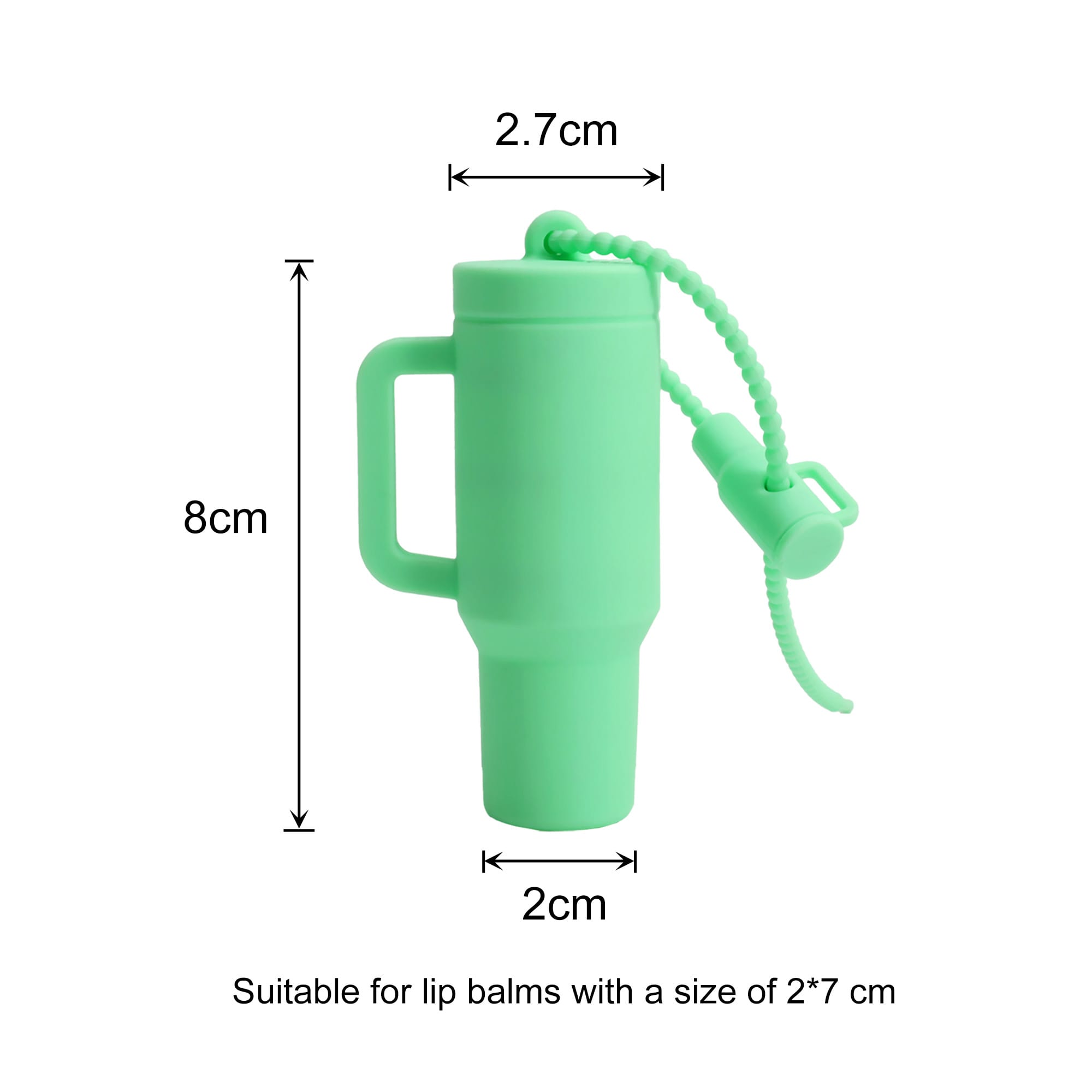 A mint green lip balm holder keychain with a handle and a secure closure, measuring 8 cm in height and 2.7 cm in width.