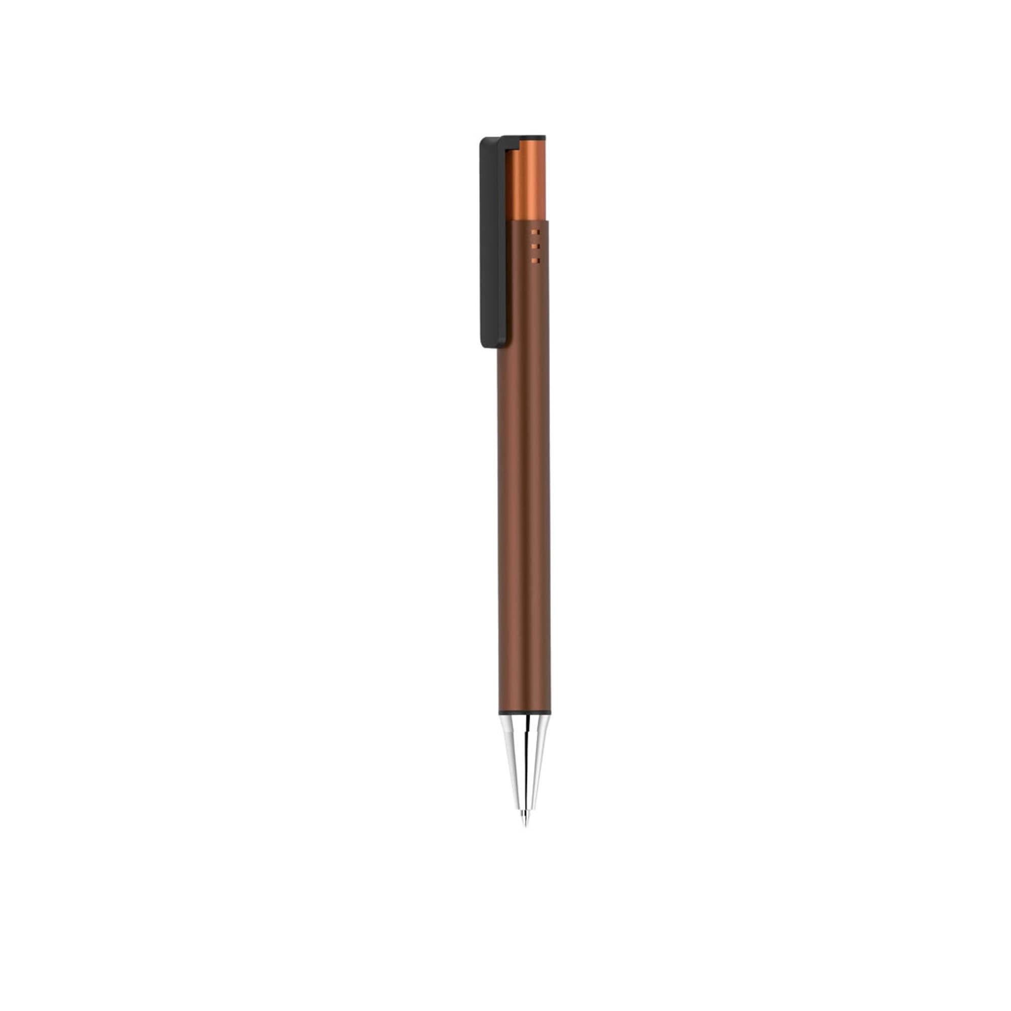 A brown pen with a metallic copper clip and a silver tip, featuring a logo on the clip.