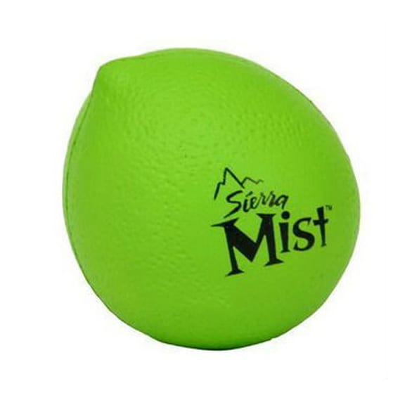A green lemon-shaped stress reliever with a textured surface and a logo printed on it.