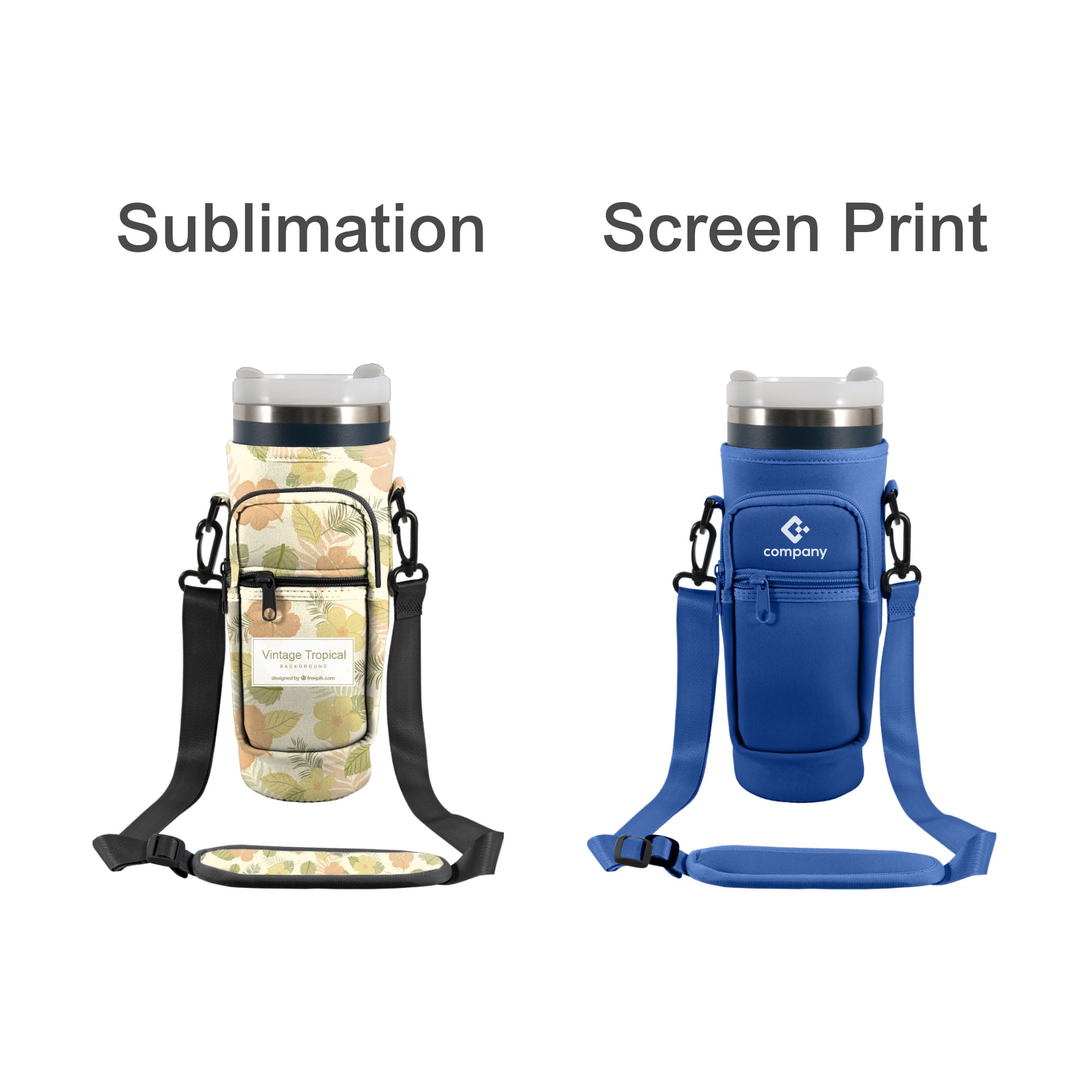 A drink bottle carrier bag in vintage tropical design and a blue version, both with a phone pocket and straps.