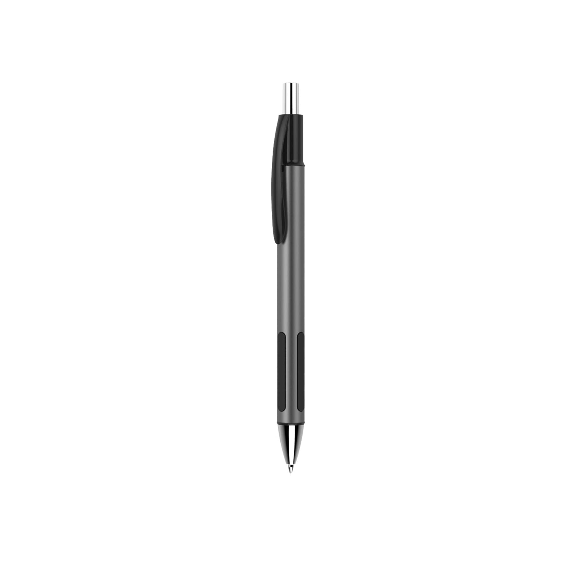 A grey plastic pen with a black grip and chrome accents. It features a logo on its barrel.