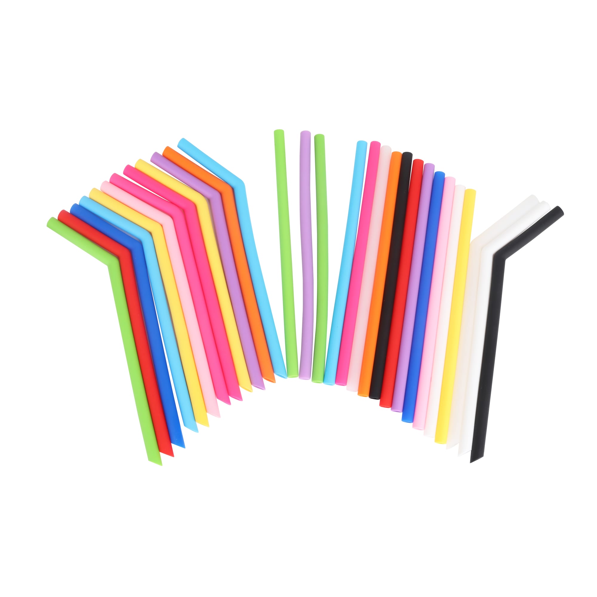 A collection of reusable silicone drinking straws in various colours, arranged in a fan shape, including angled and straight designs.