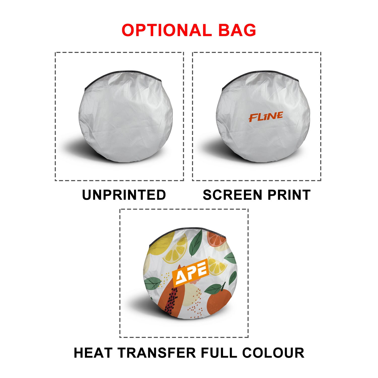 A circular sunshade with a vibrant fruit design, available in a white optional bag for storage.